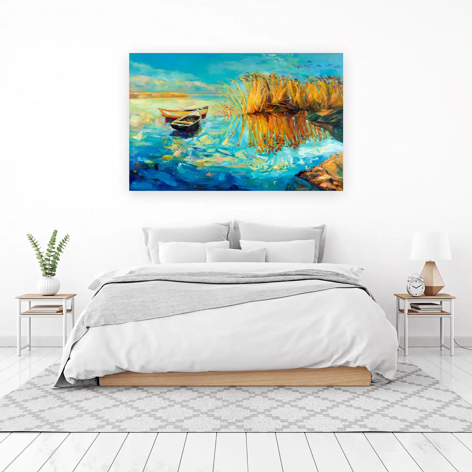 Serene Boats & Reeds Lake View Wall Art