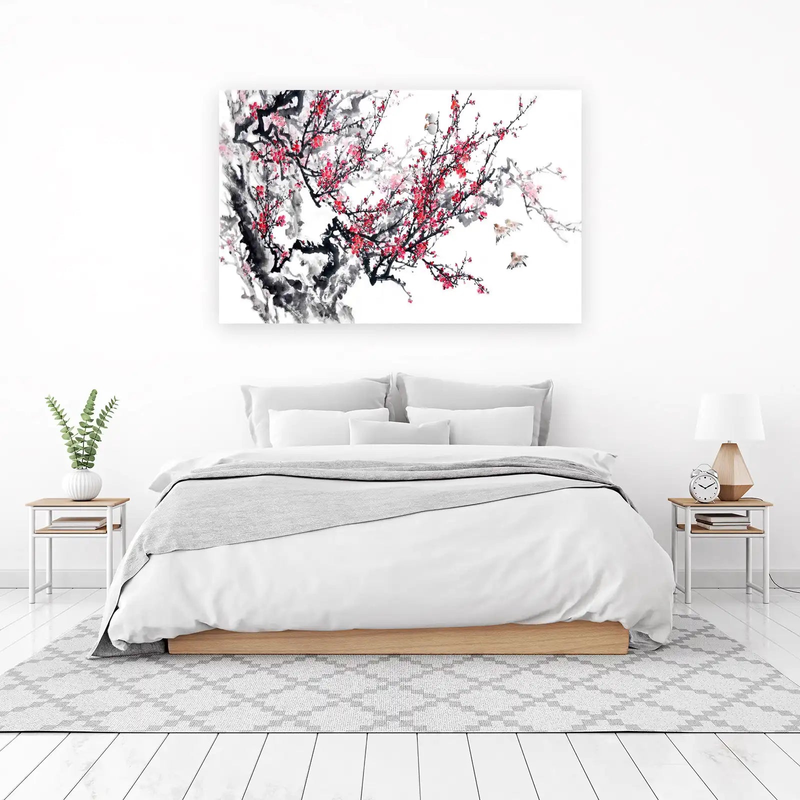 Elegant Red Blossom Birds Ink Wash Wall Art