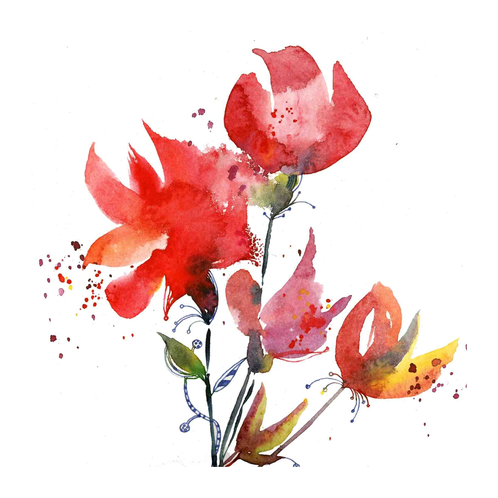 Vibrant Red Floral Watercolor Wall Art
