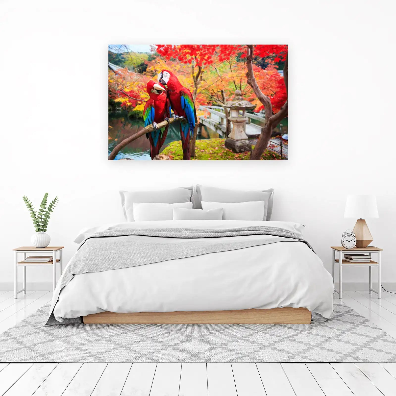 Vibrant Macaws in Autumn Garden Wall Art