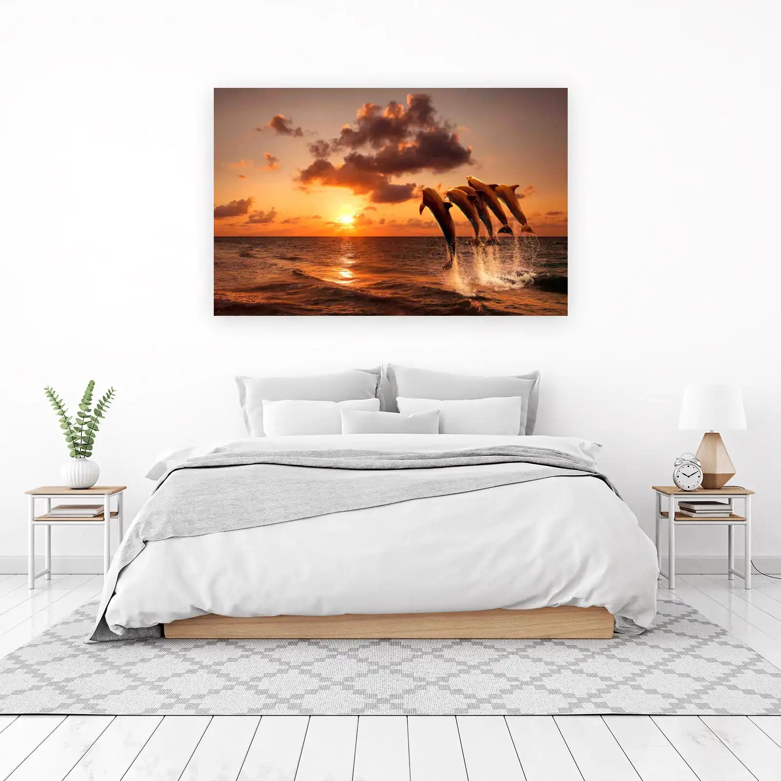 Dolphins Jumping Sunset Ocean Wall Art