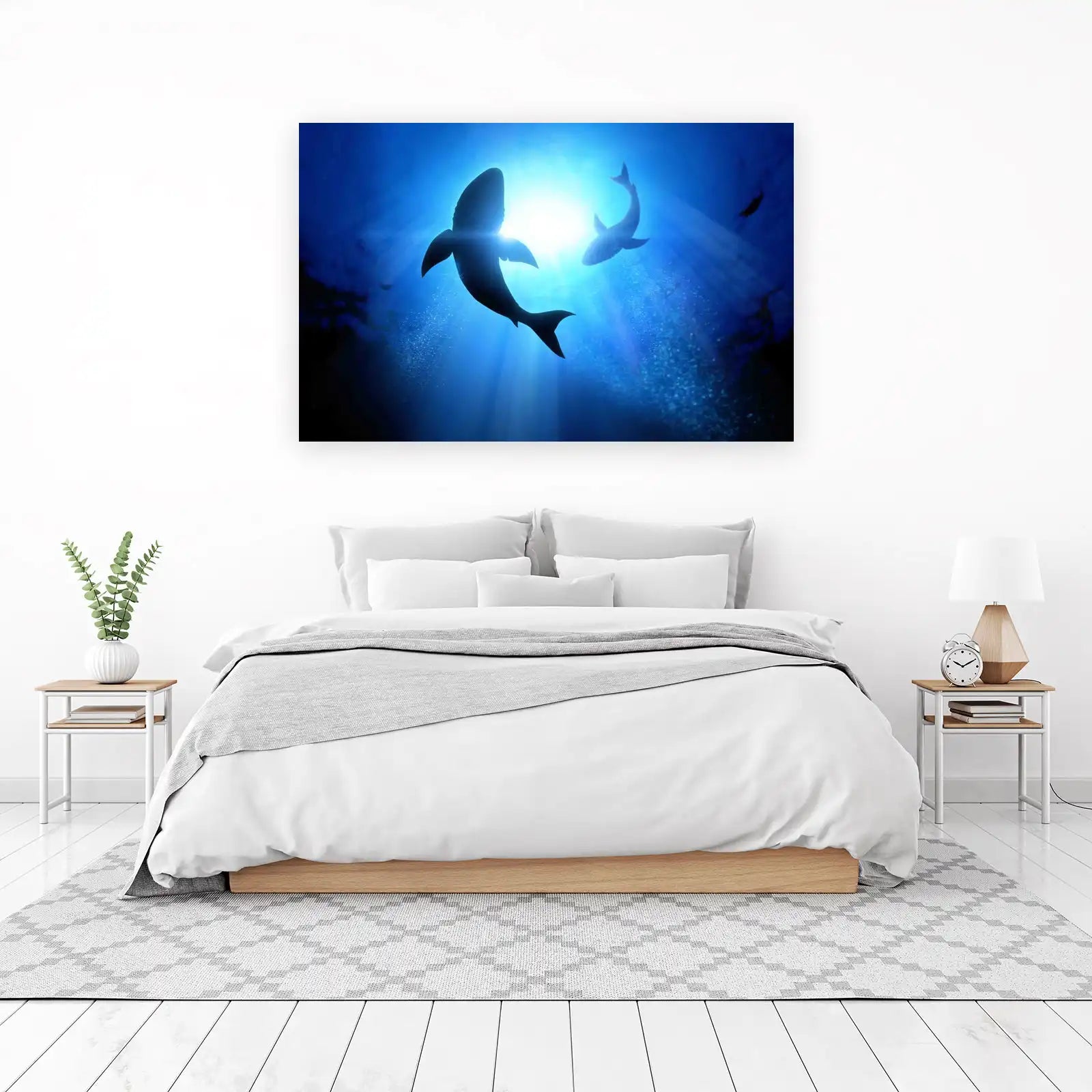 Majestic Sharks in Sunlit Ocean Wall Art