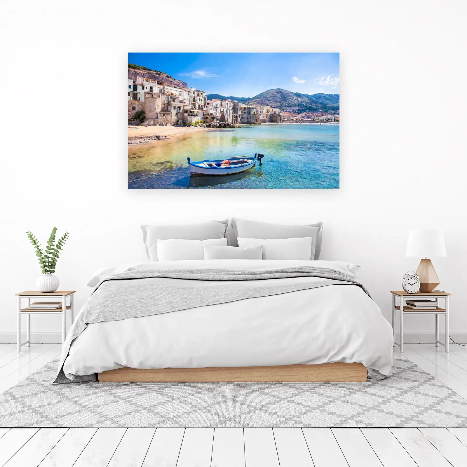 Serene Italian Coastal Town Beach Boat Wall Art