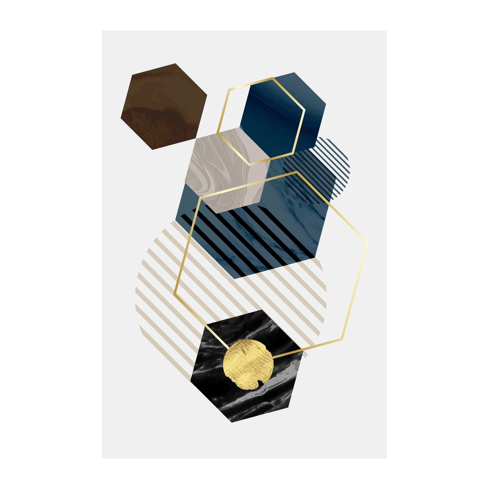 Geometric Abstract Gold & Blue Hexagon Wall Art