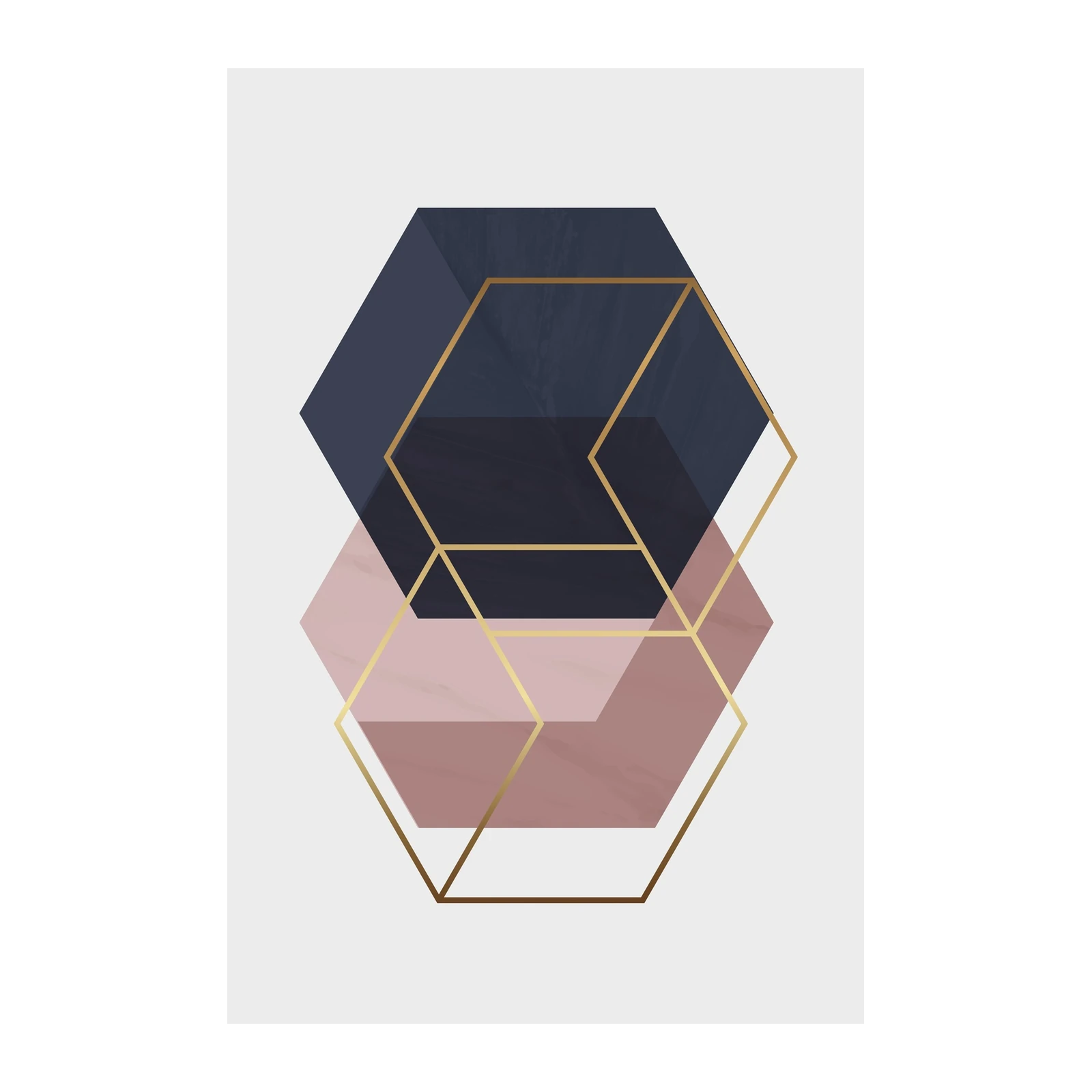 Geometric Hexagon Blush & Navy Gold Wall Art