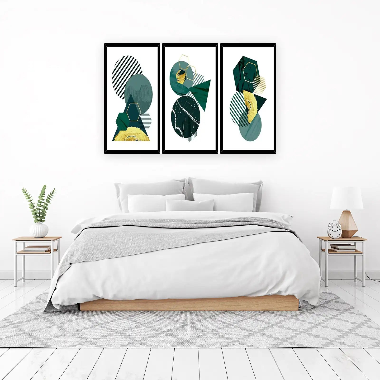 Modern Geometric Emerald Gold Wall Art Set