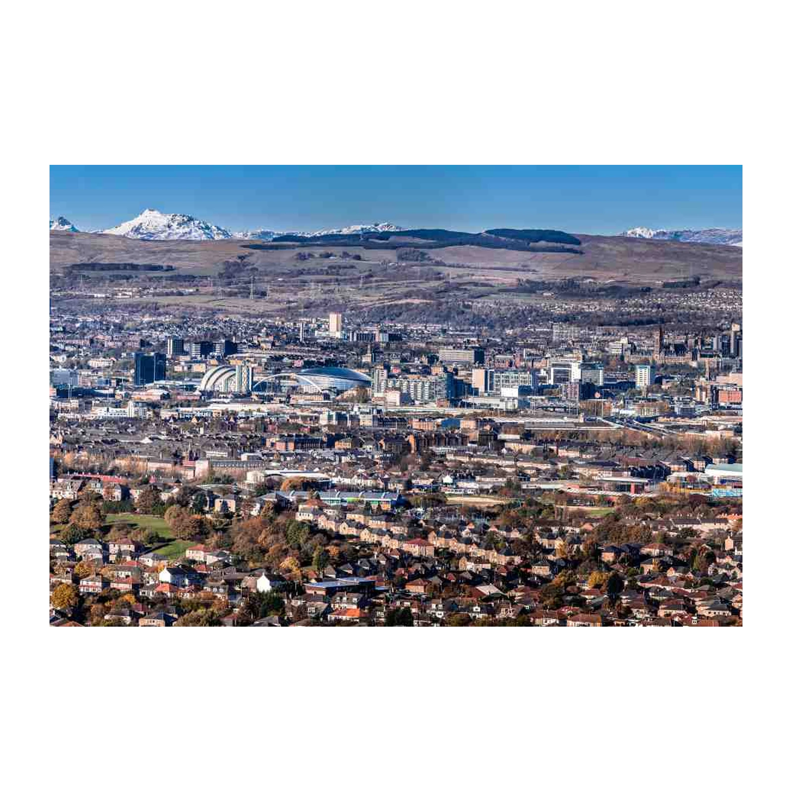 Panoramic Cityscape with Snow-Capped Mountains Wall Art