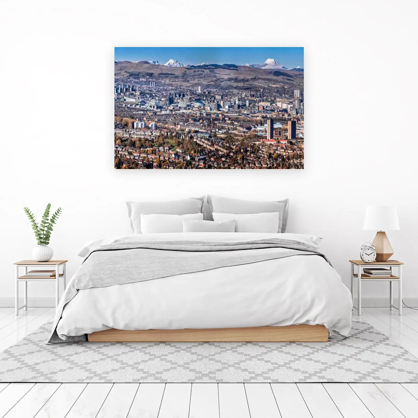Panoramic Cityscape with Snow-Capped Mountains Wall Art