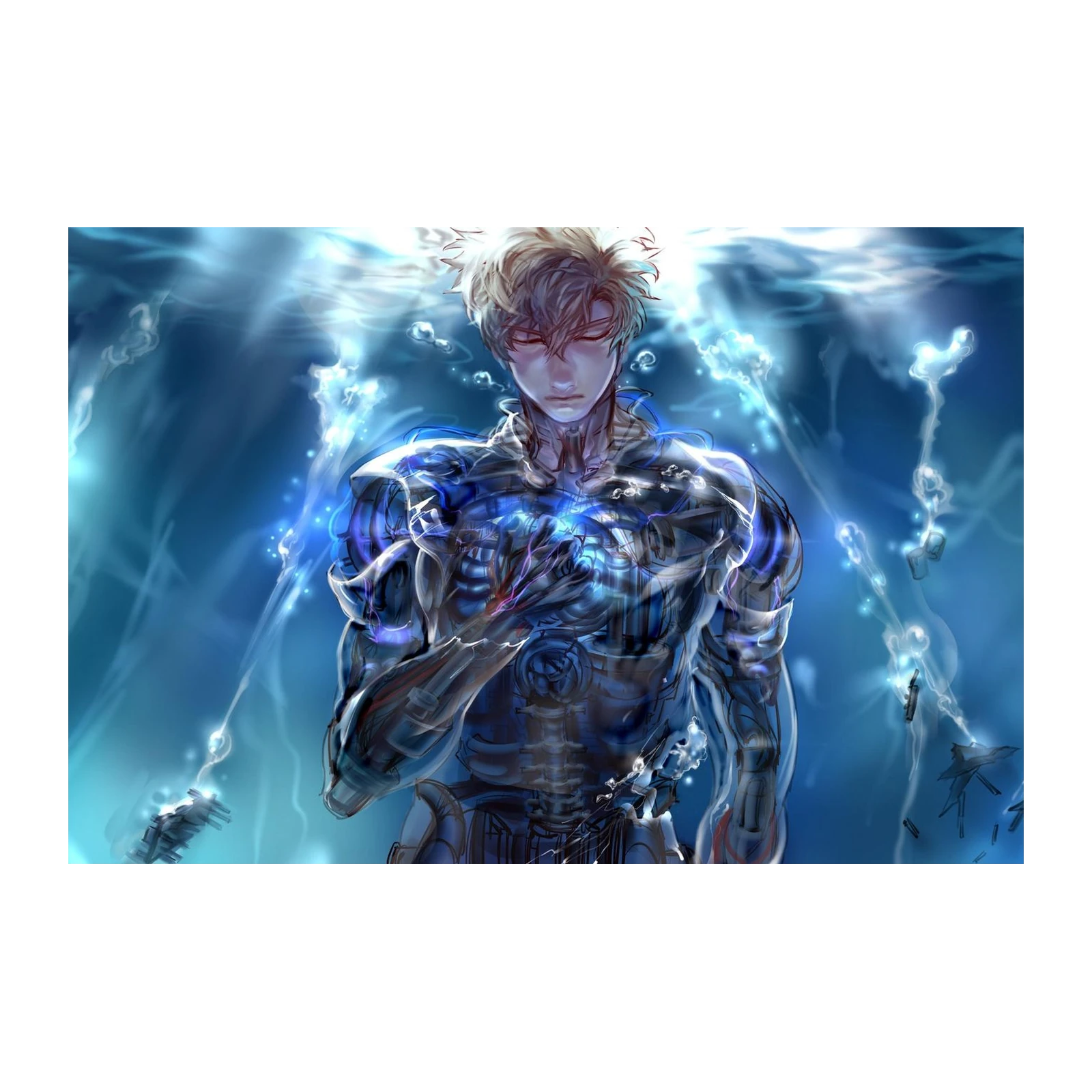Cyberpunk Warrior in Blue Glow Wall Art