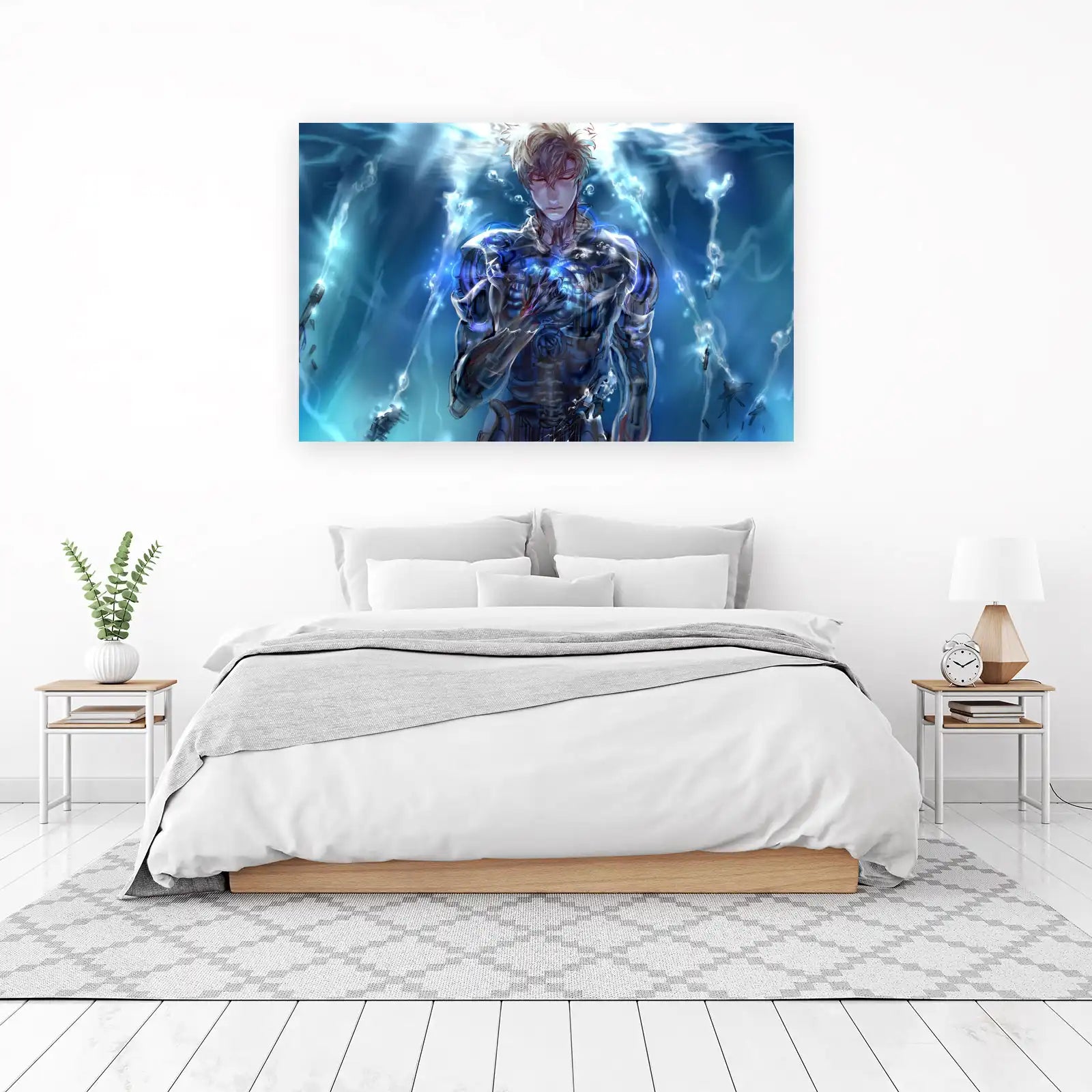 Cyberpunk Warrior in Blue Glow Wall Art