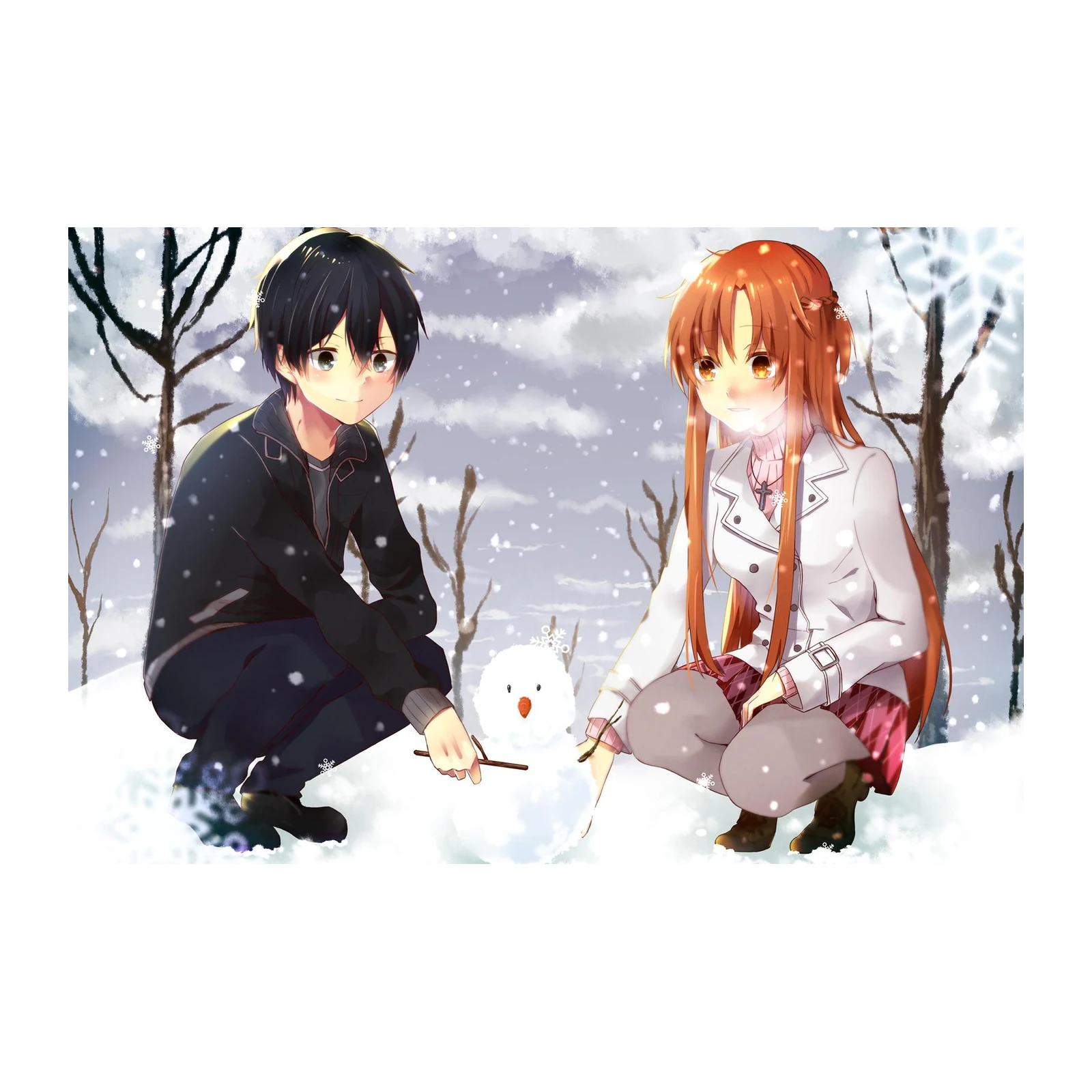 Anime Couple Snowman Winter Romance Wall Art