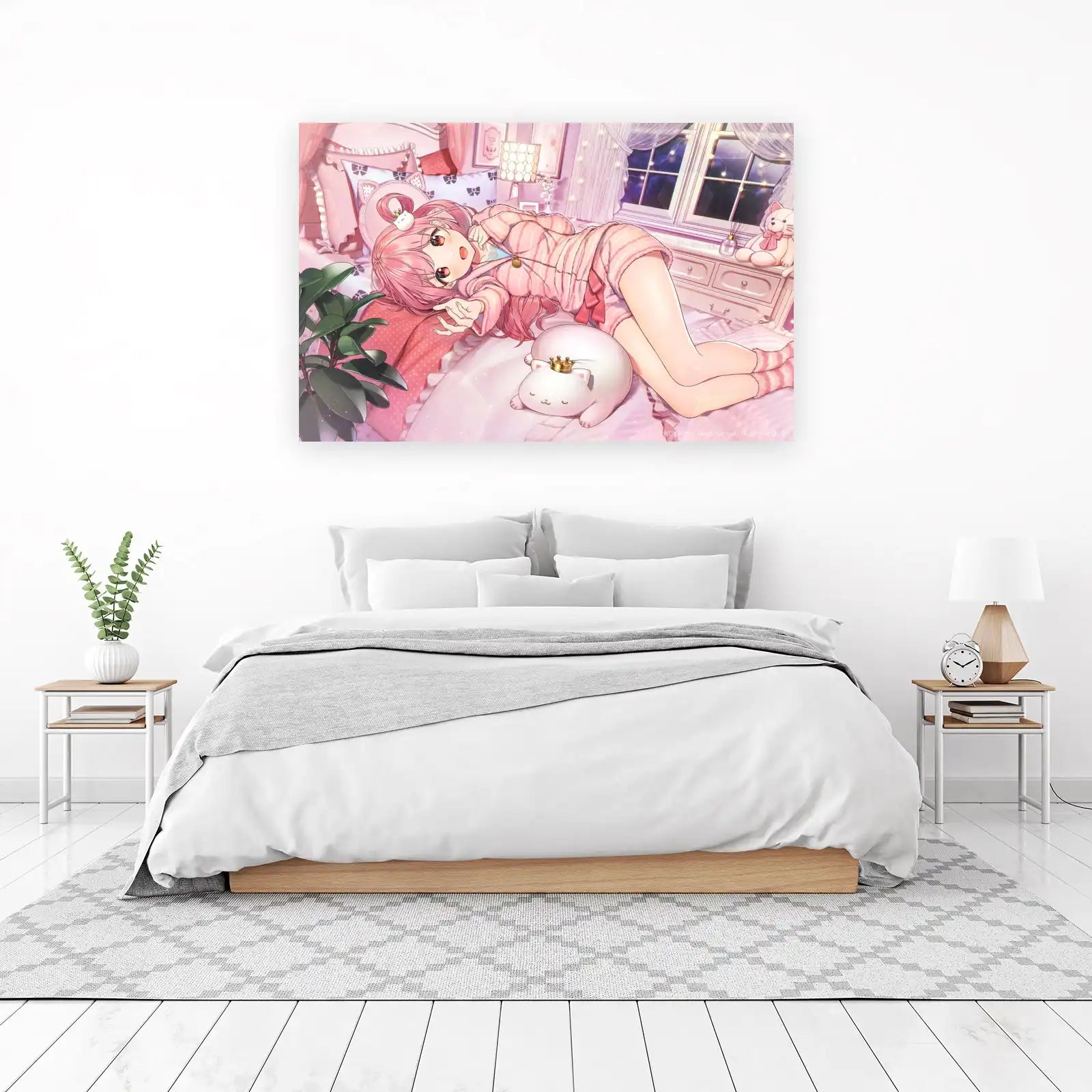 Cozy Pink Bedroom Anime Girl Wall Art