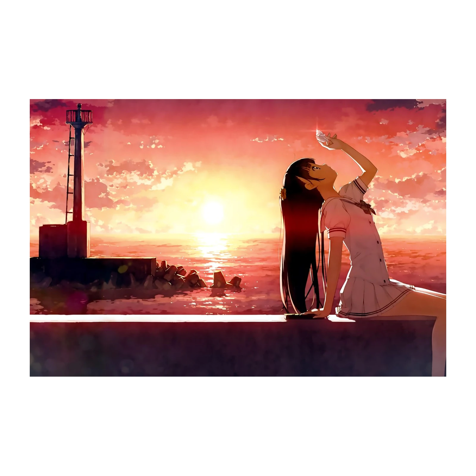 Serene Sunset Lighthouse Anime Wall Art