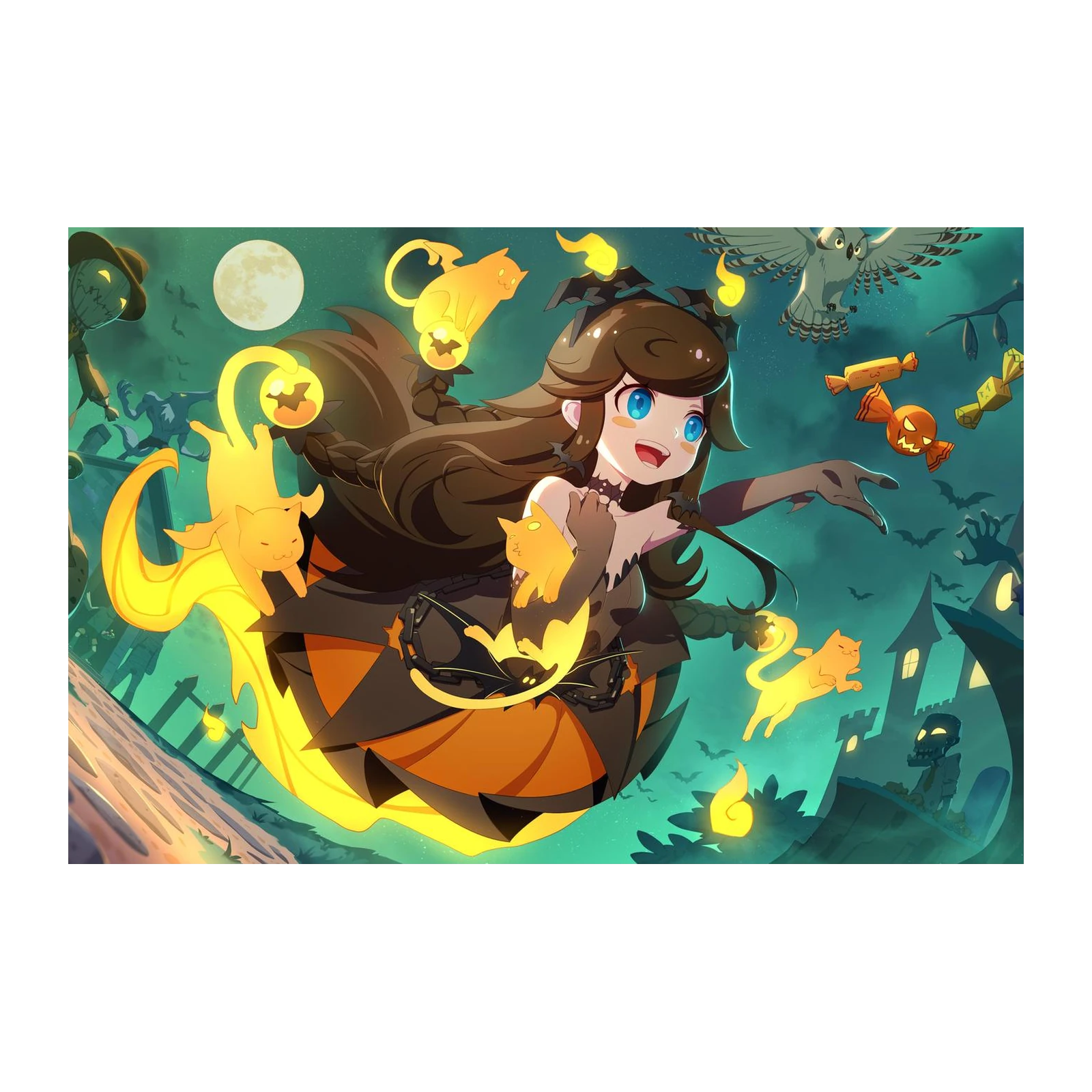 Enchanting Halloween Girl & Cats Wall Art