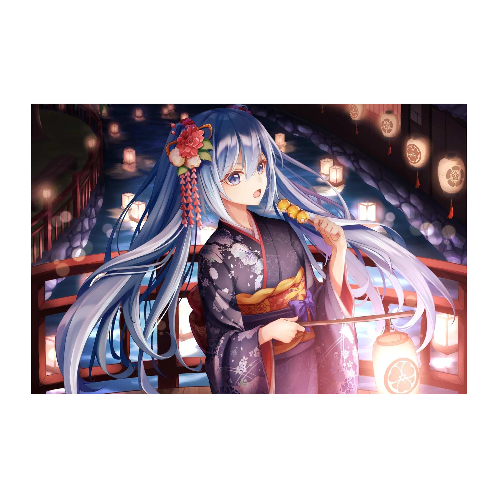 Enchanting Anime Girl Kimono Lantern Festival Wall Art
