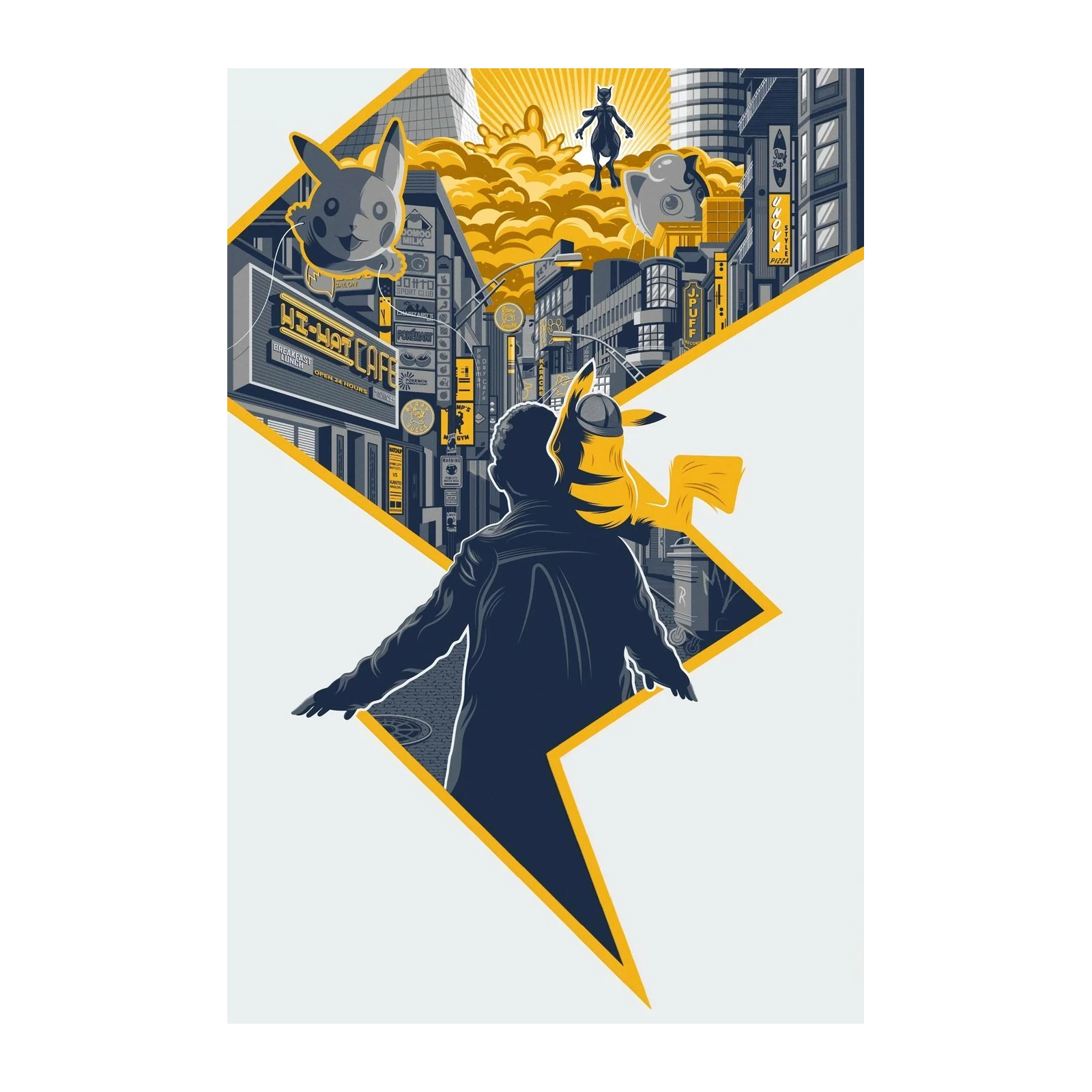 Epic Pokemon Cityscape Pikachu & Mewtwo Wall Art