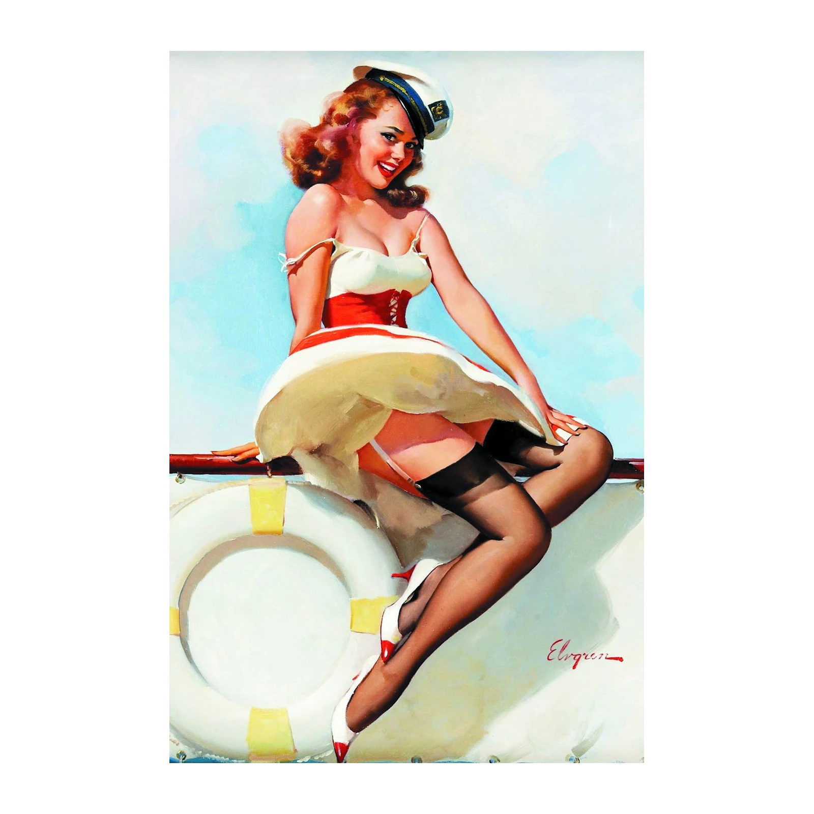 Nautical Pin-Up Girl Red White Blue Wall Art
