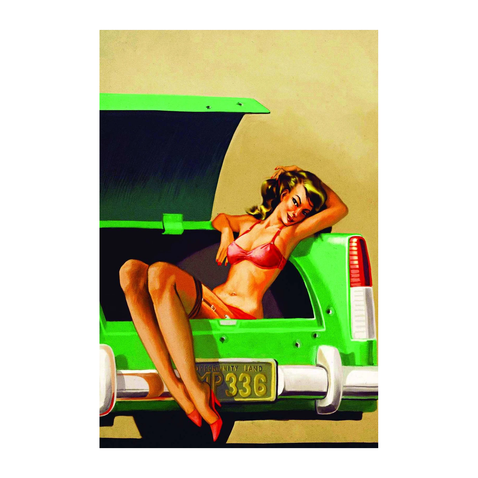 Retro Pin-Up Girl in Green Car Wall Art