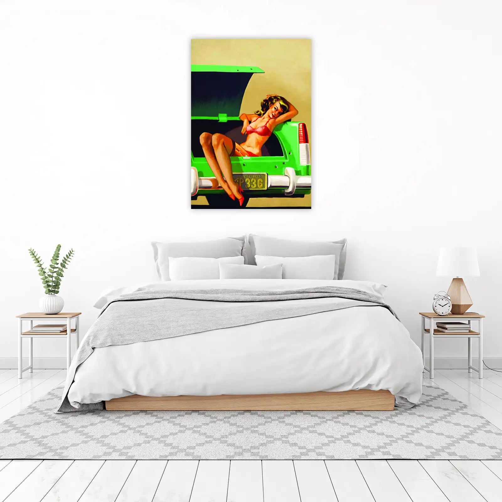 Retro Pin-Up Girl in Green Car Wall Art