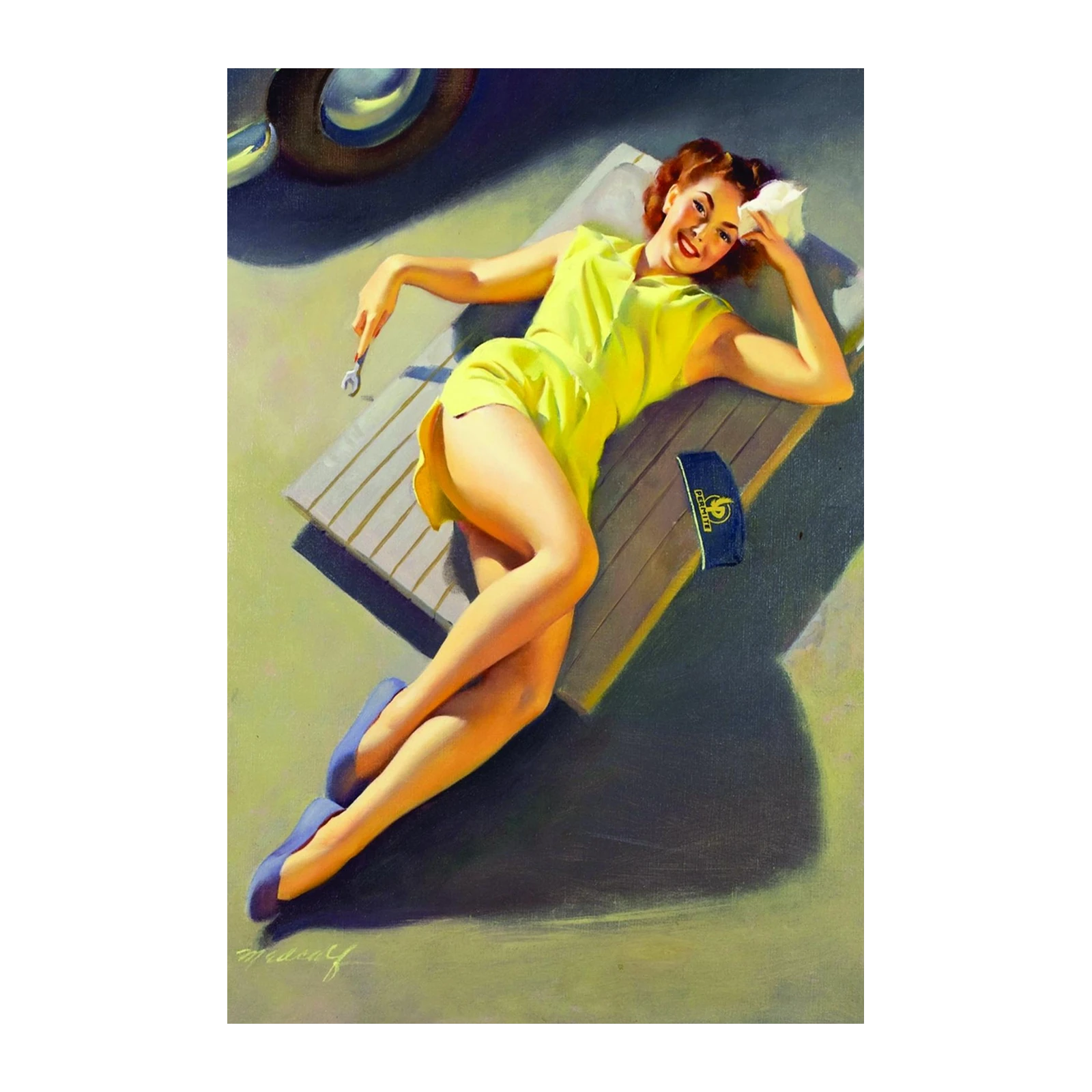 Retro Mechanic Pin-Up Girl Yellow Dress Wall Art