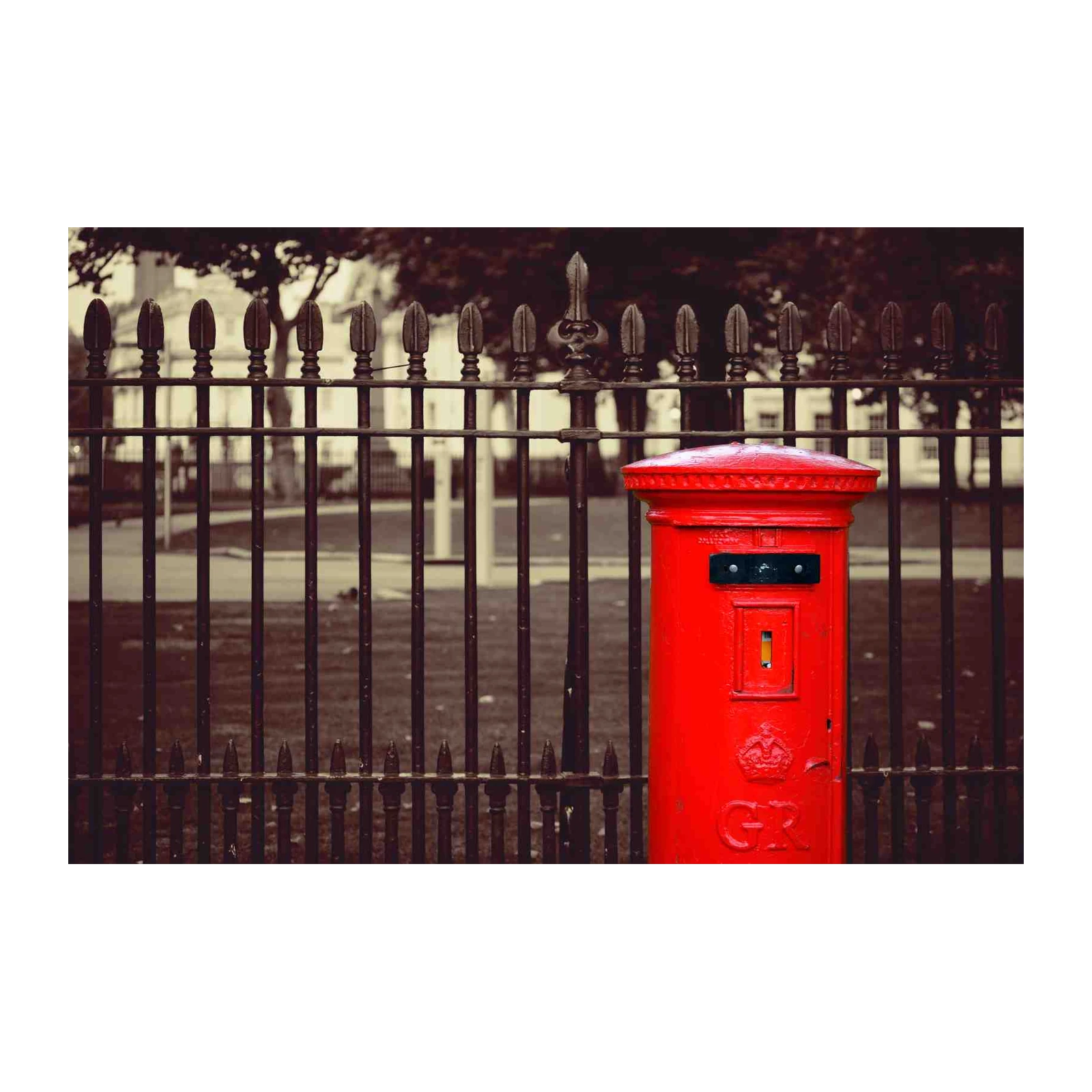 Iconic Red Post Box & Ornate Fence Wall Art