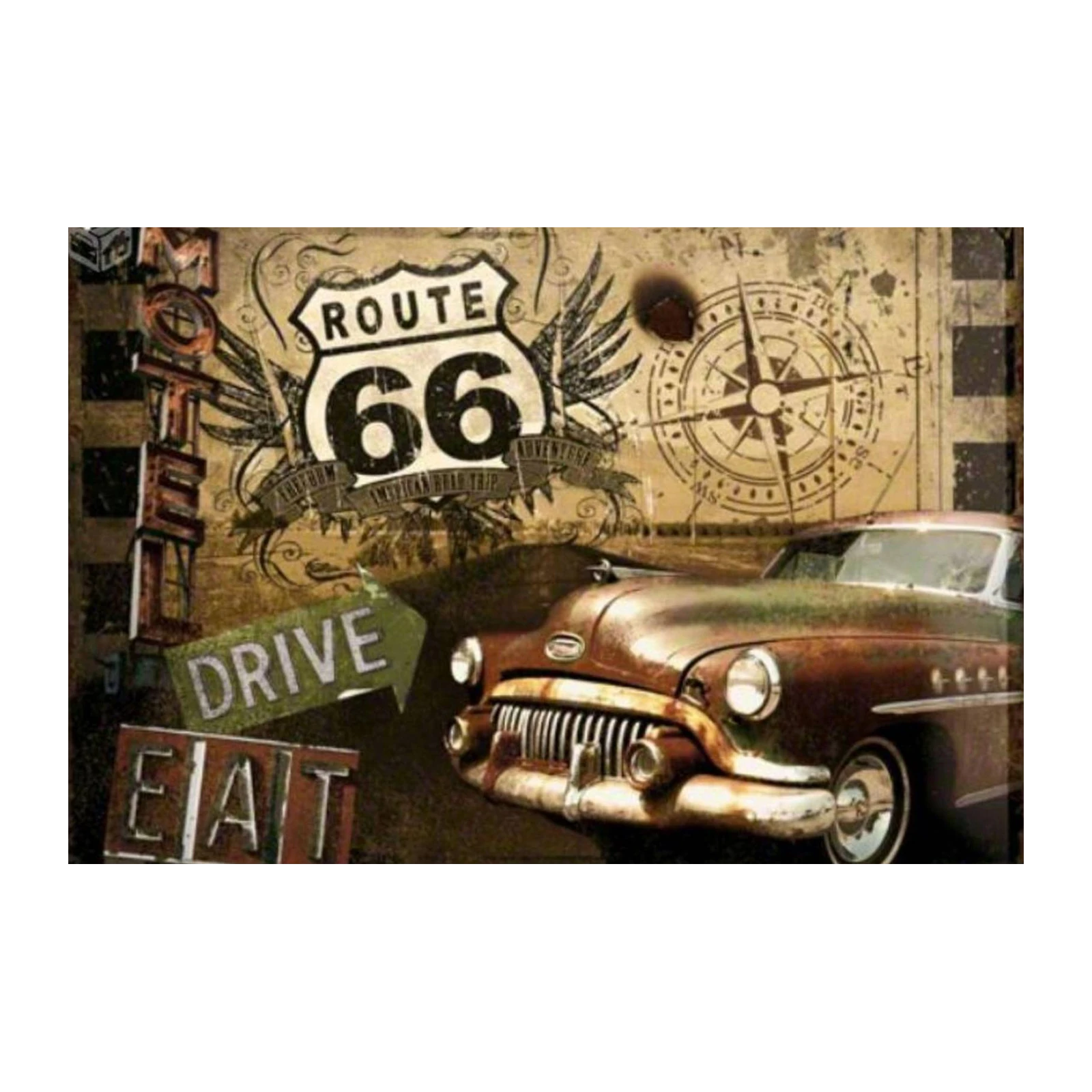 Vintage Route 66 Car & Compass Wall Art