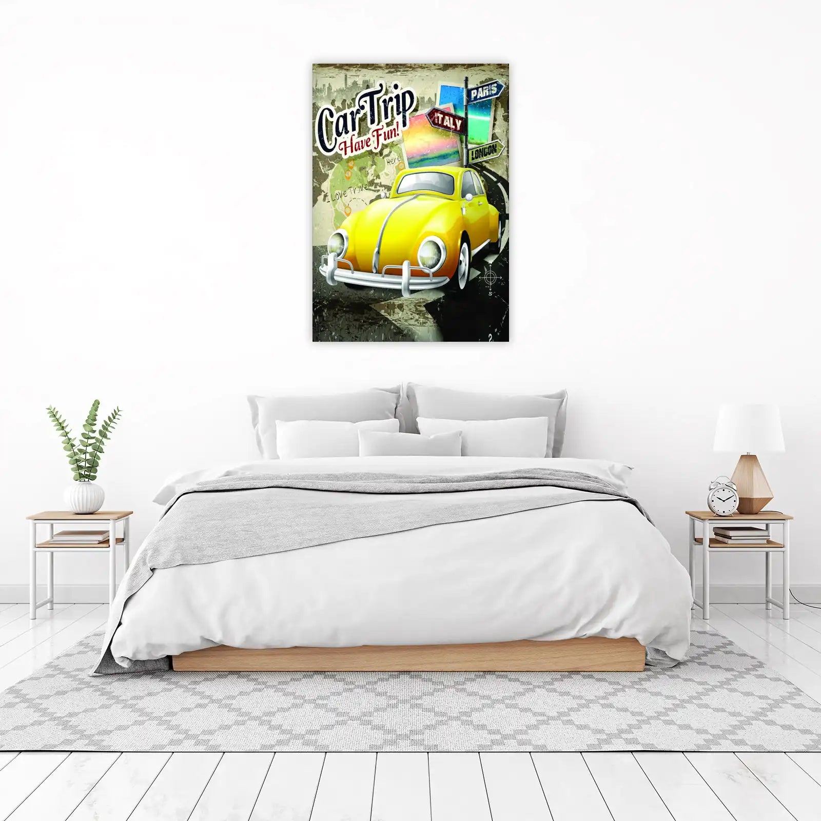 Retro Yellow Car Road Trip Vintage Wall Art