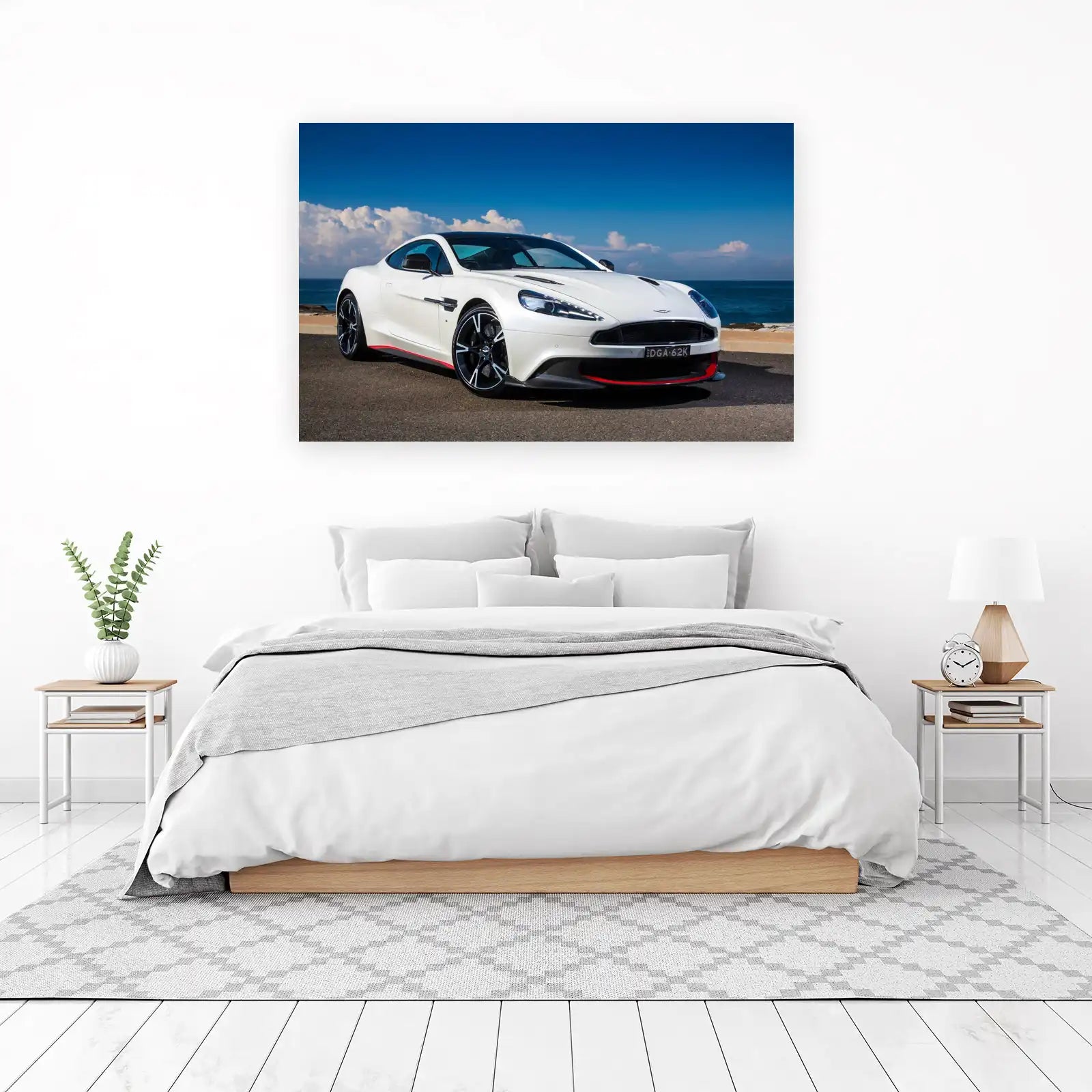 Luxury White Sports Car Ocean View Wall Art