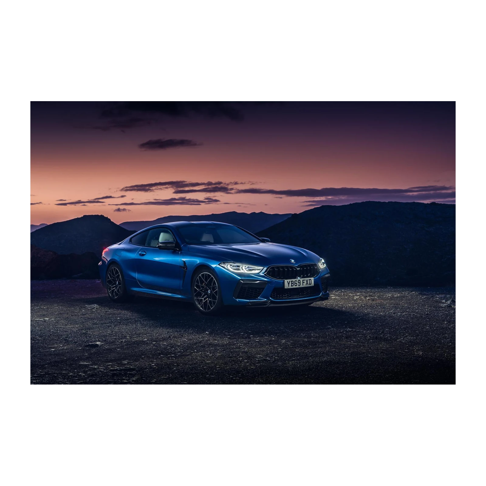Luxury Blue Car Sunset Landscape Wall Art