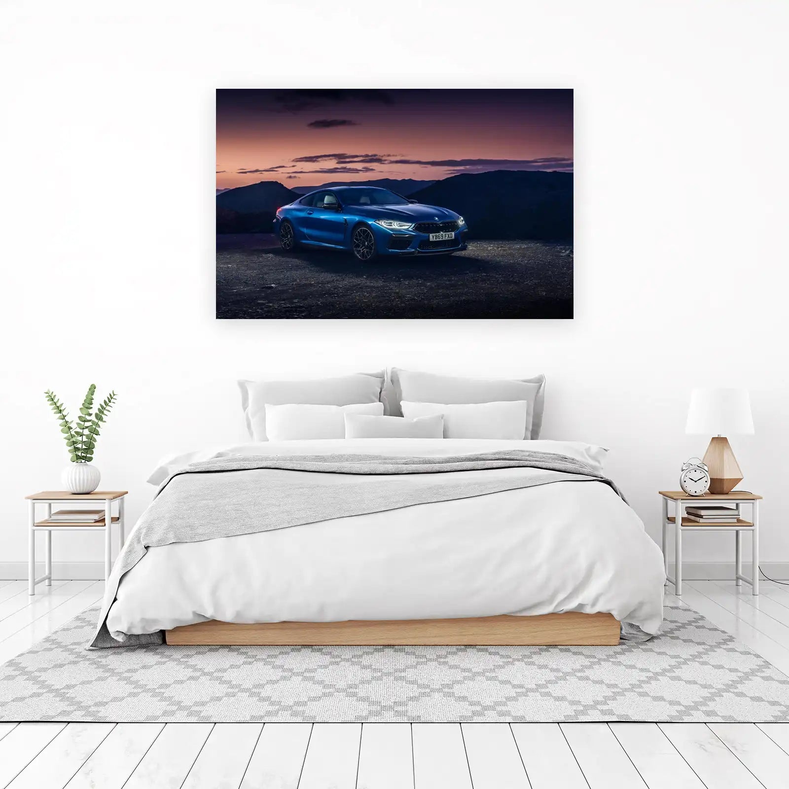 Luxury Blue Car Sunset Landscape Wall Art