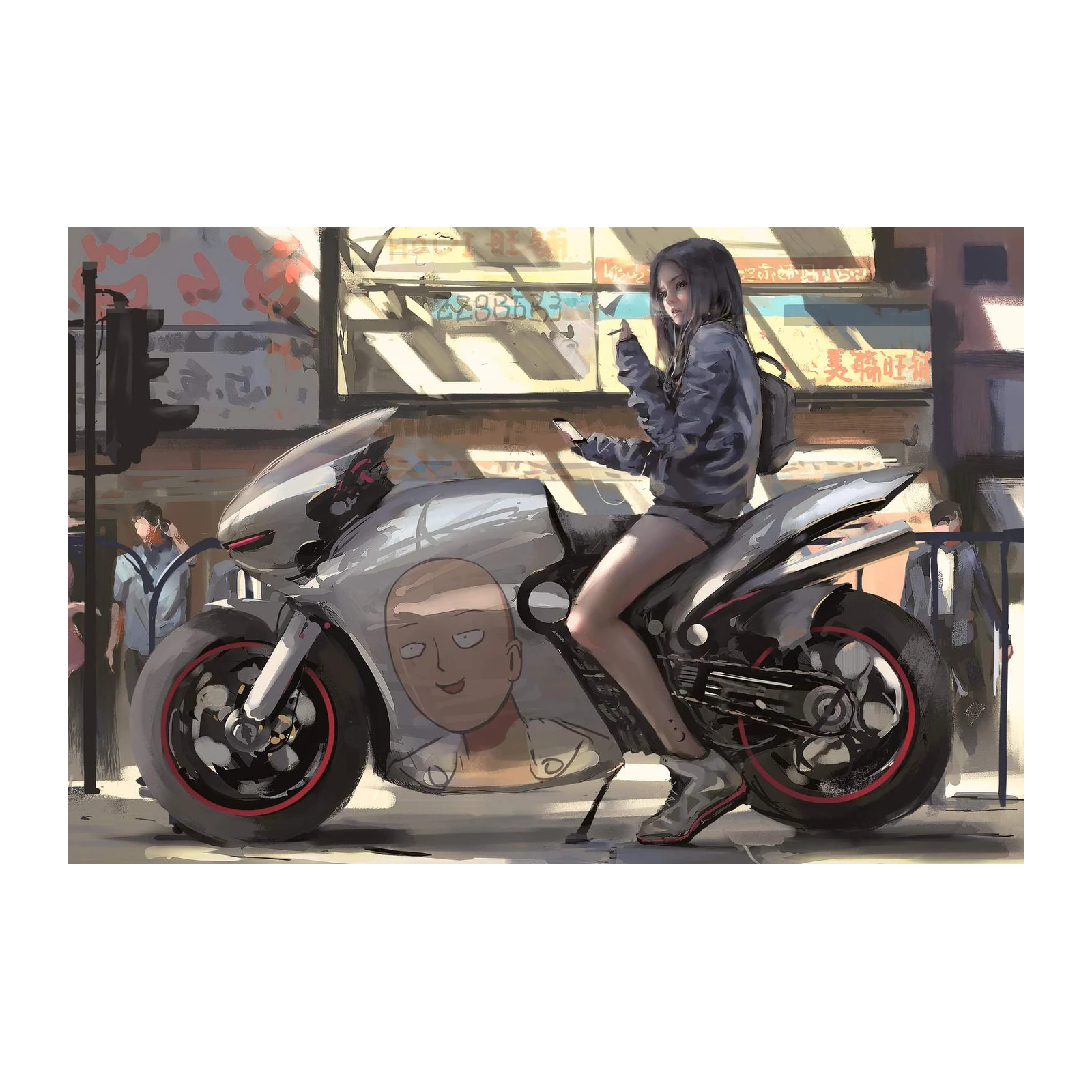 Anime Girl & Saitama Motorcycle Wall Art