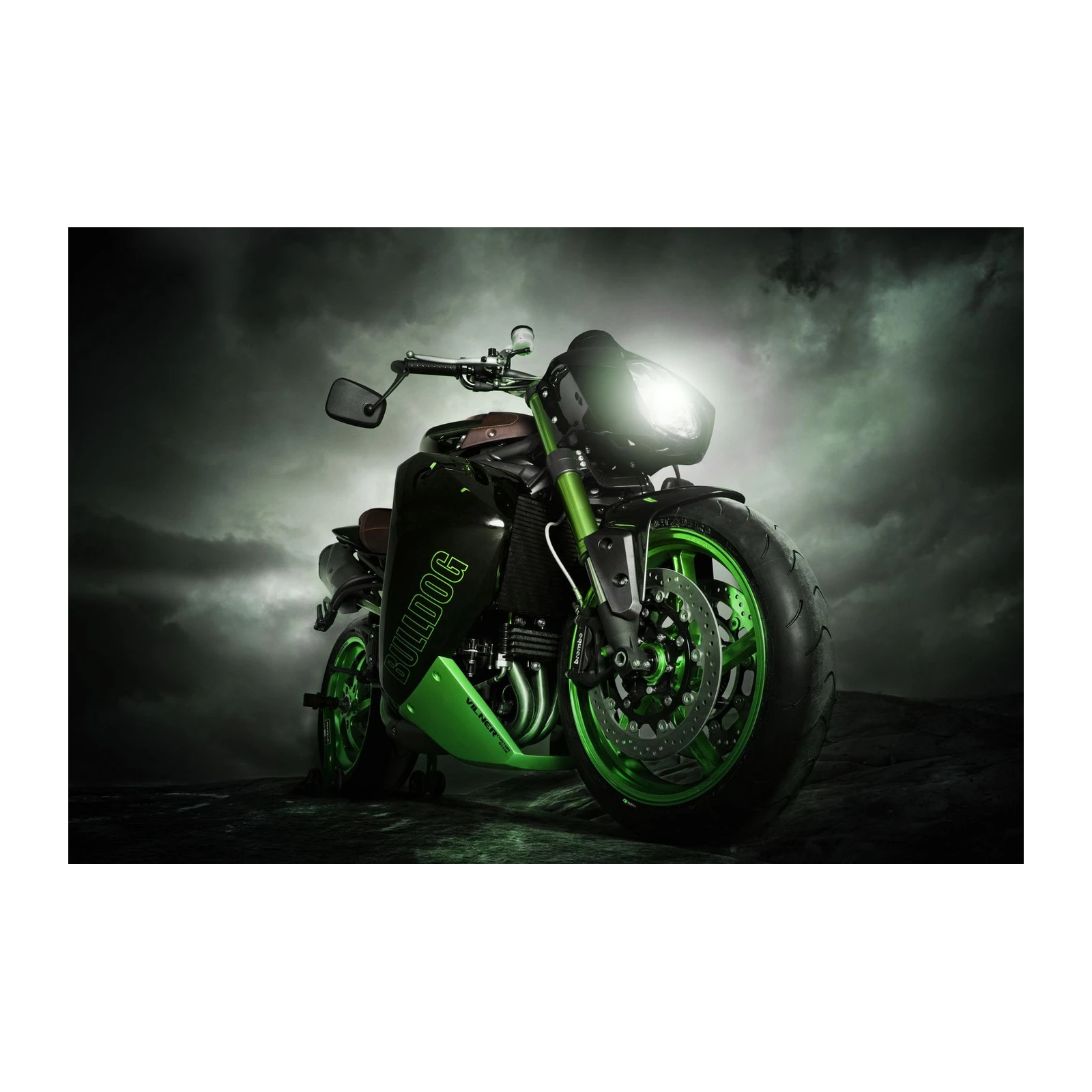 Aggressive Bulldog Motorcycle Green Accents Wall Art