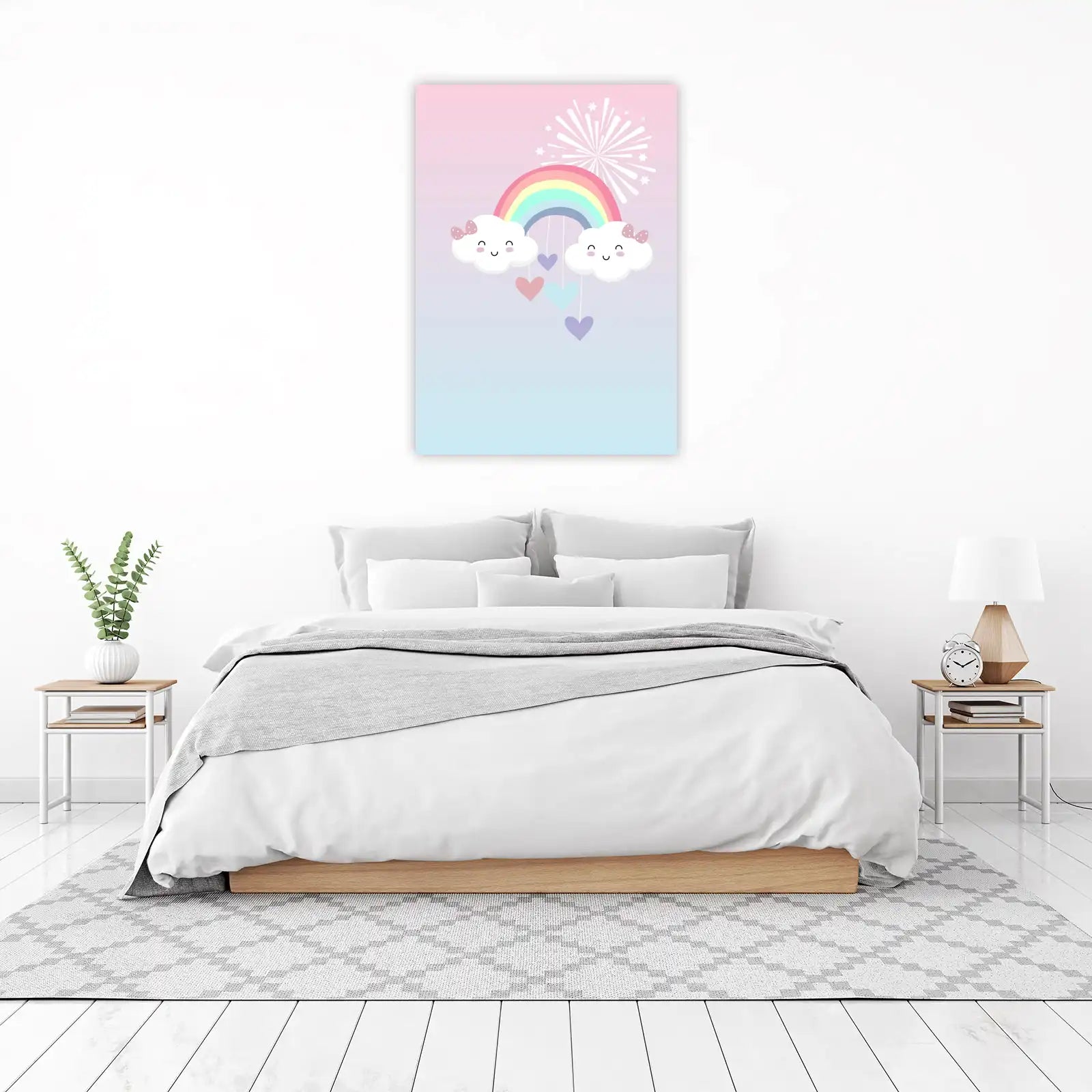 Kawaii Rainbow Cloud Hearts Nursery Wall Art
