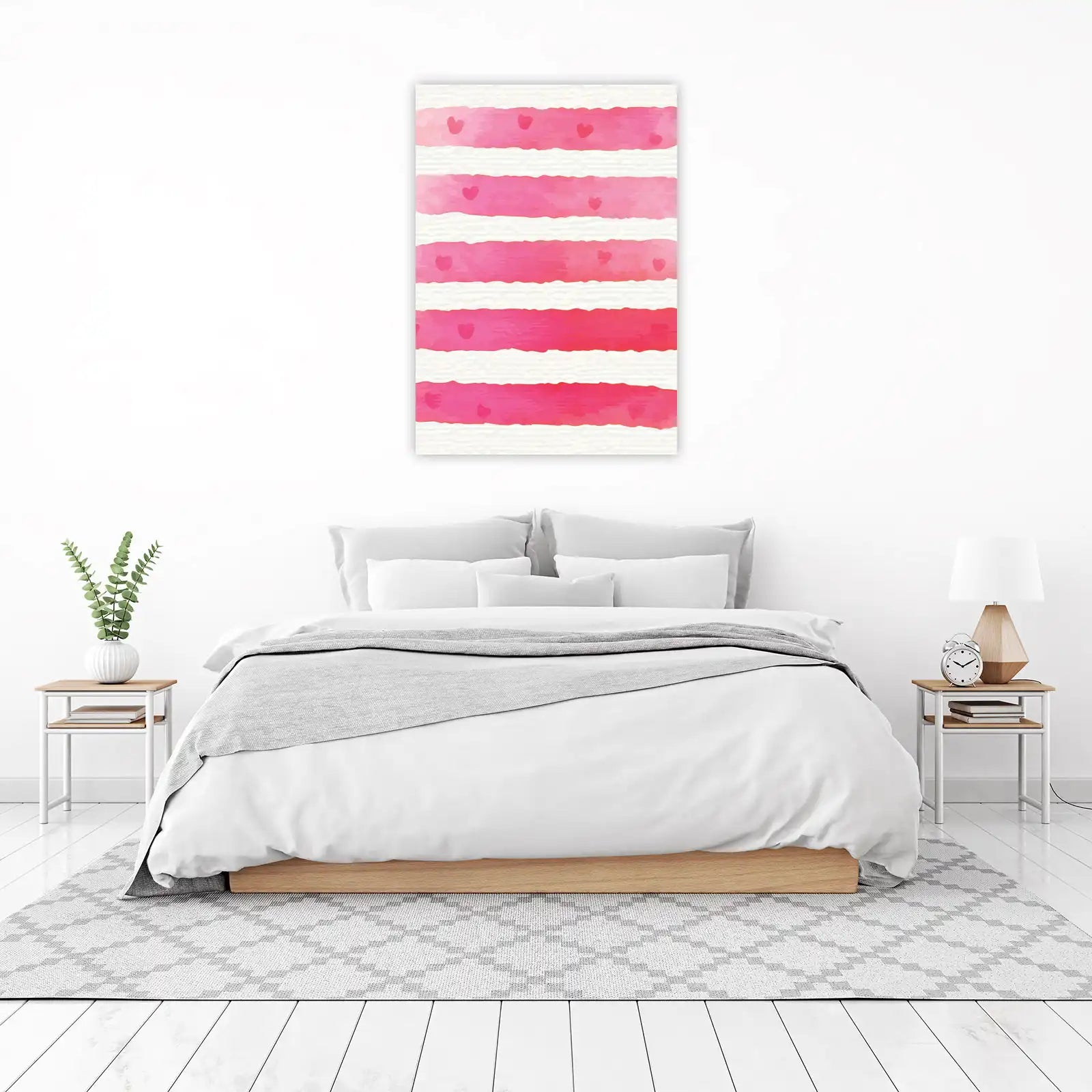 Charming Pink Hearts Striped Watercolour Wall Art