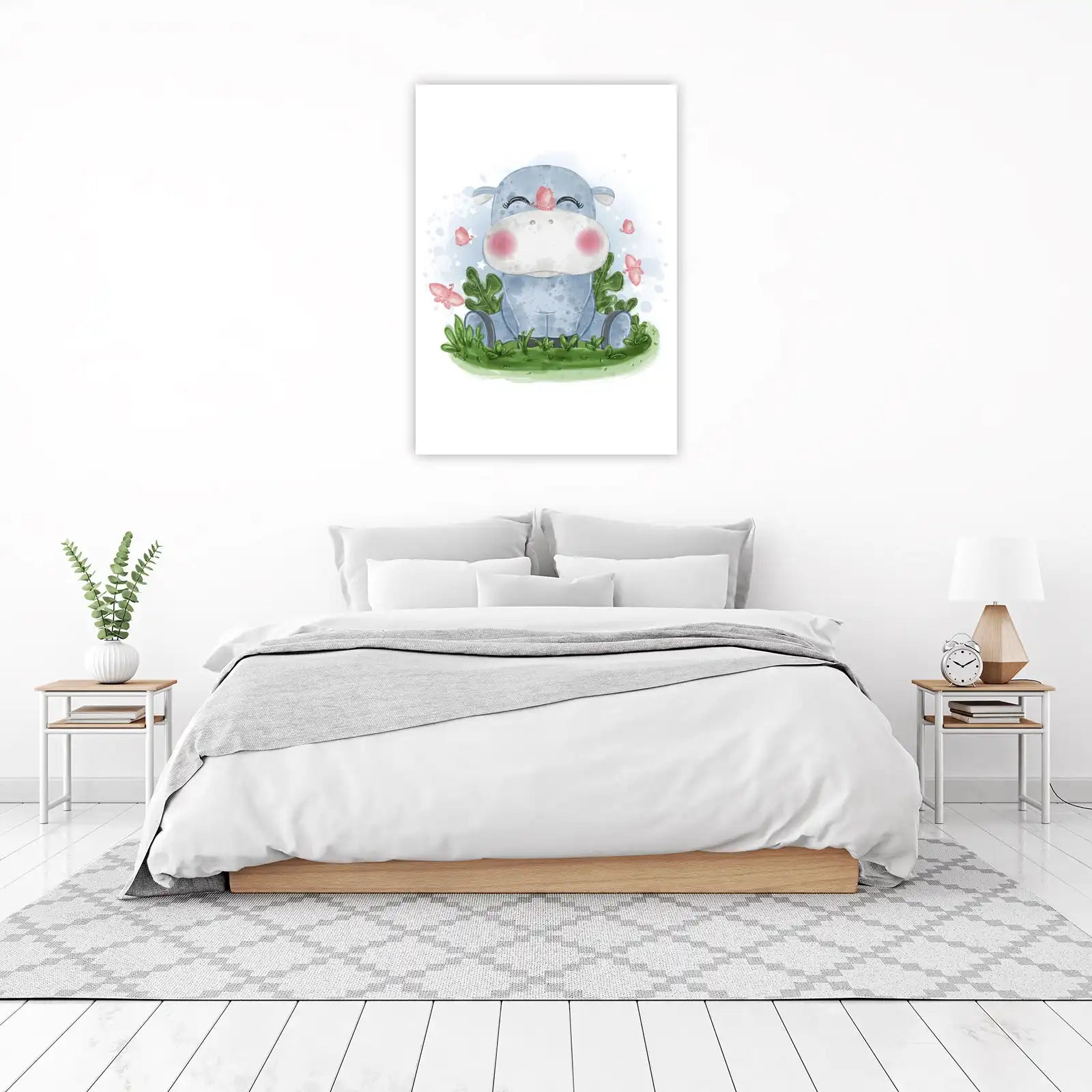 Cute Hippo & Butterflies Nursery Wall Art