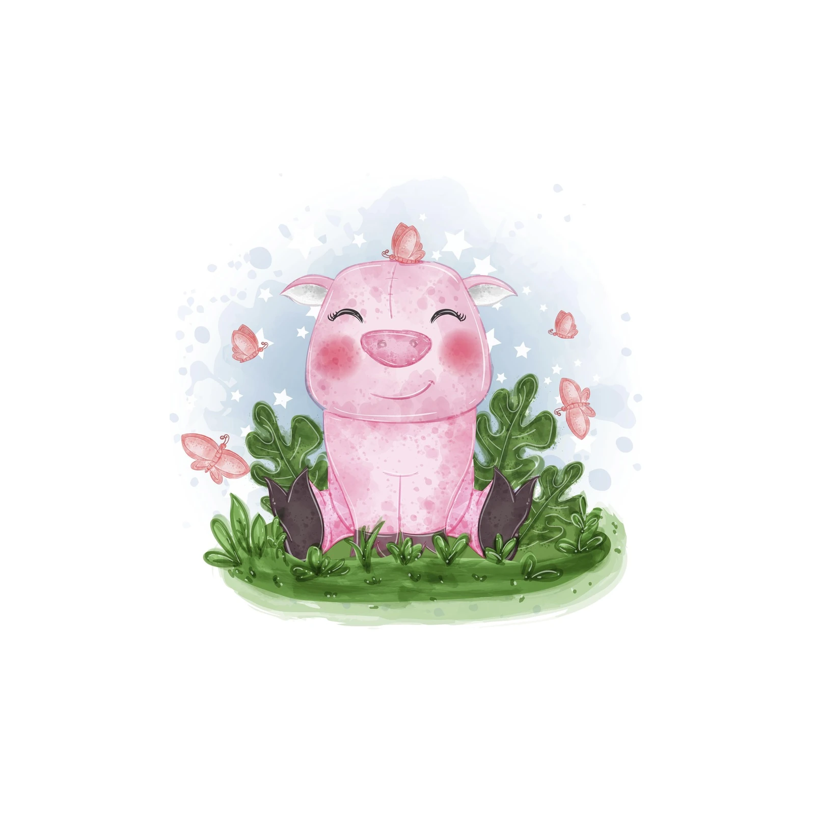 Cute Pink Pig & Butterfly Nursery Wall Art