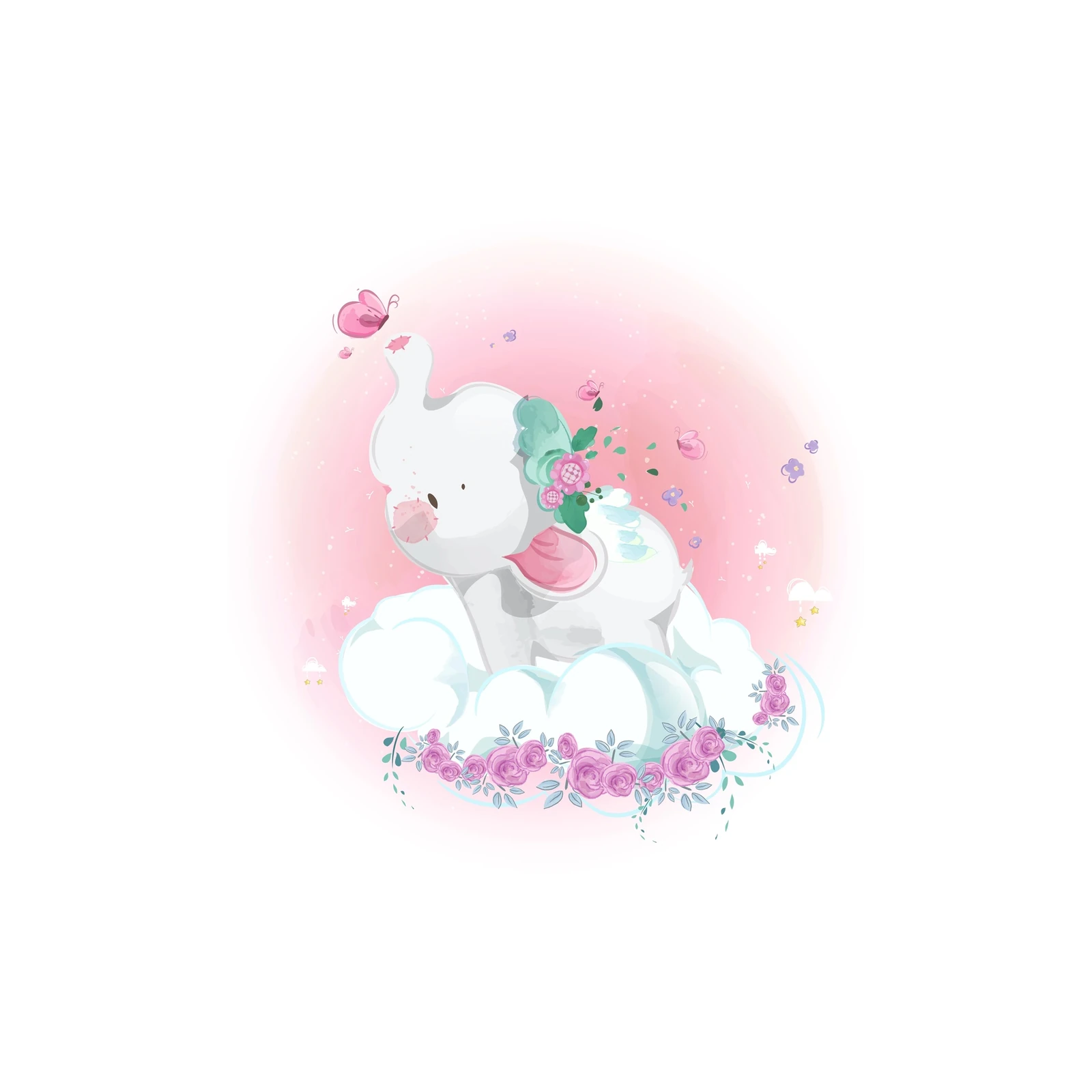 Cute Baby Elephant Cloud Roses Wall Art