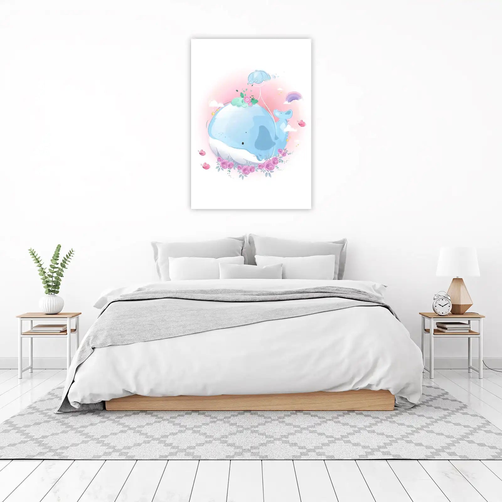 Cute Whale & Flowers Watercolor Wall Art