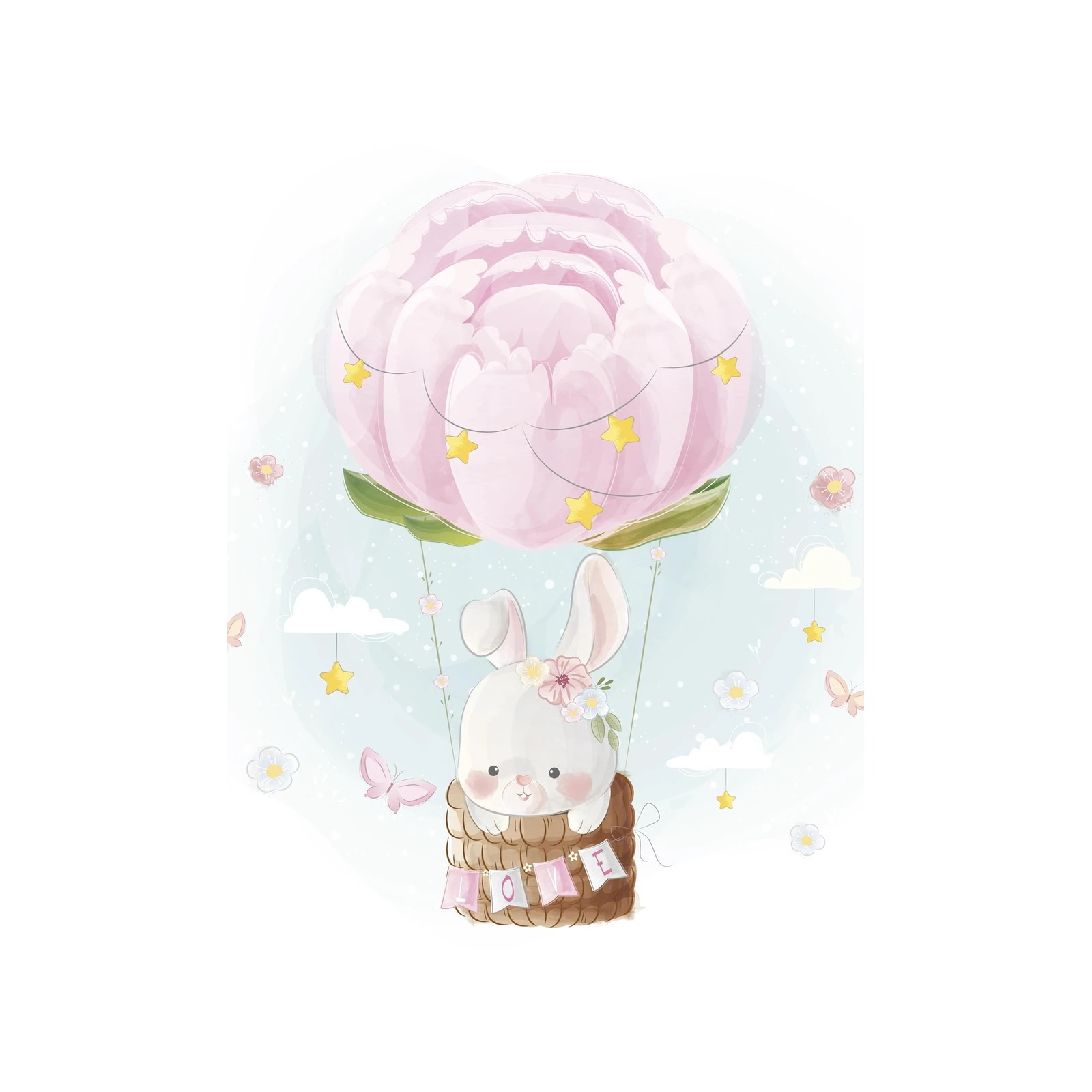 Cute Bunny Hot Air Balloon Wall Art