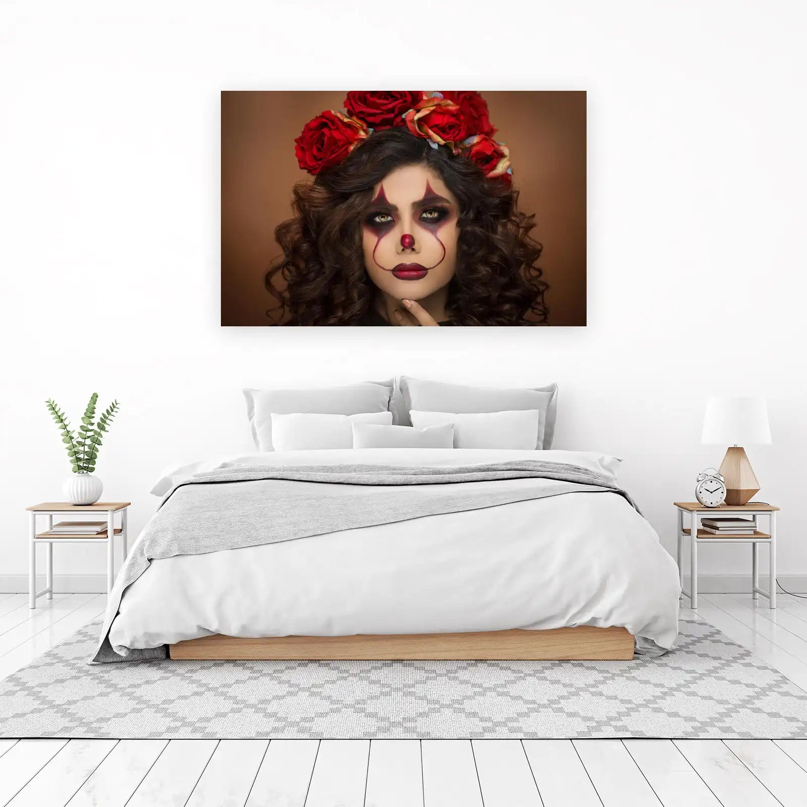 Enigmatic Clown Beauty Red Roses Wall Art