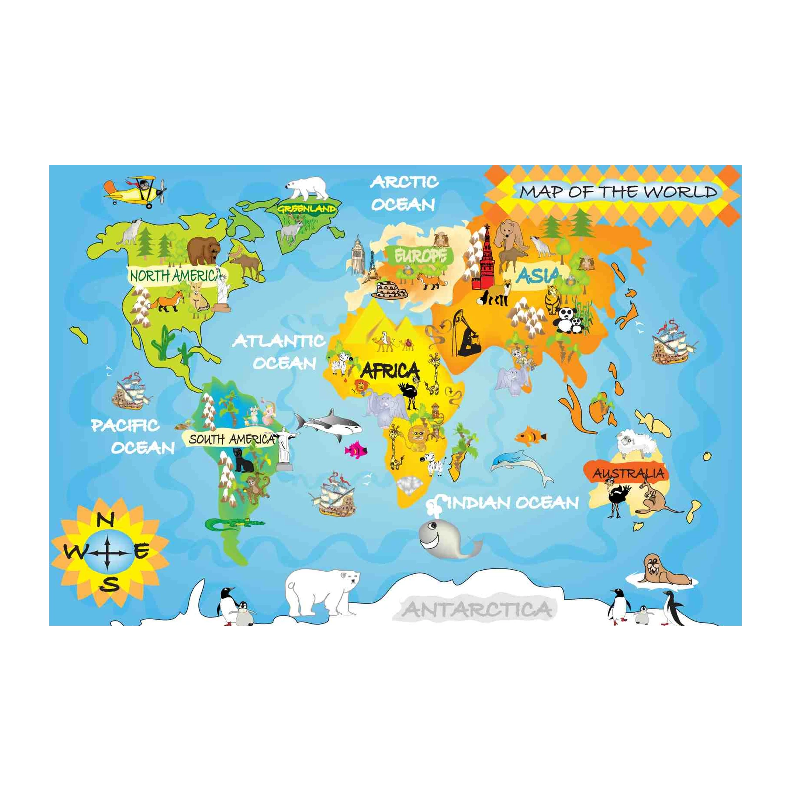Playful World Map Animal Adventure Wall Art