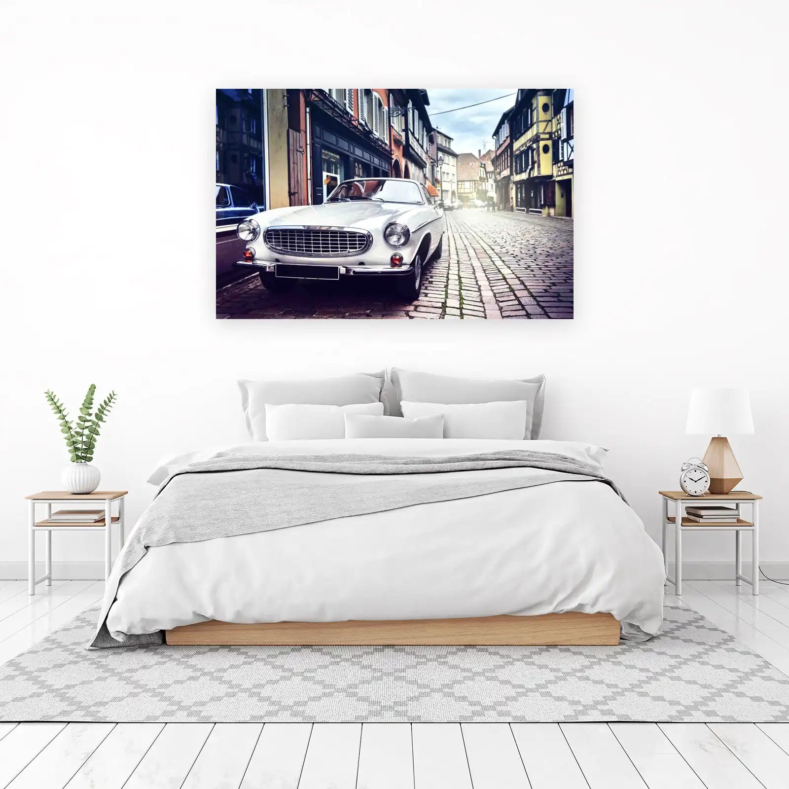 Vintage White Classic Car on Cobblestone Street Wall Art