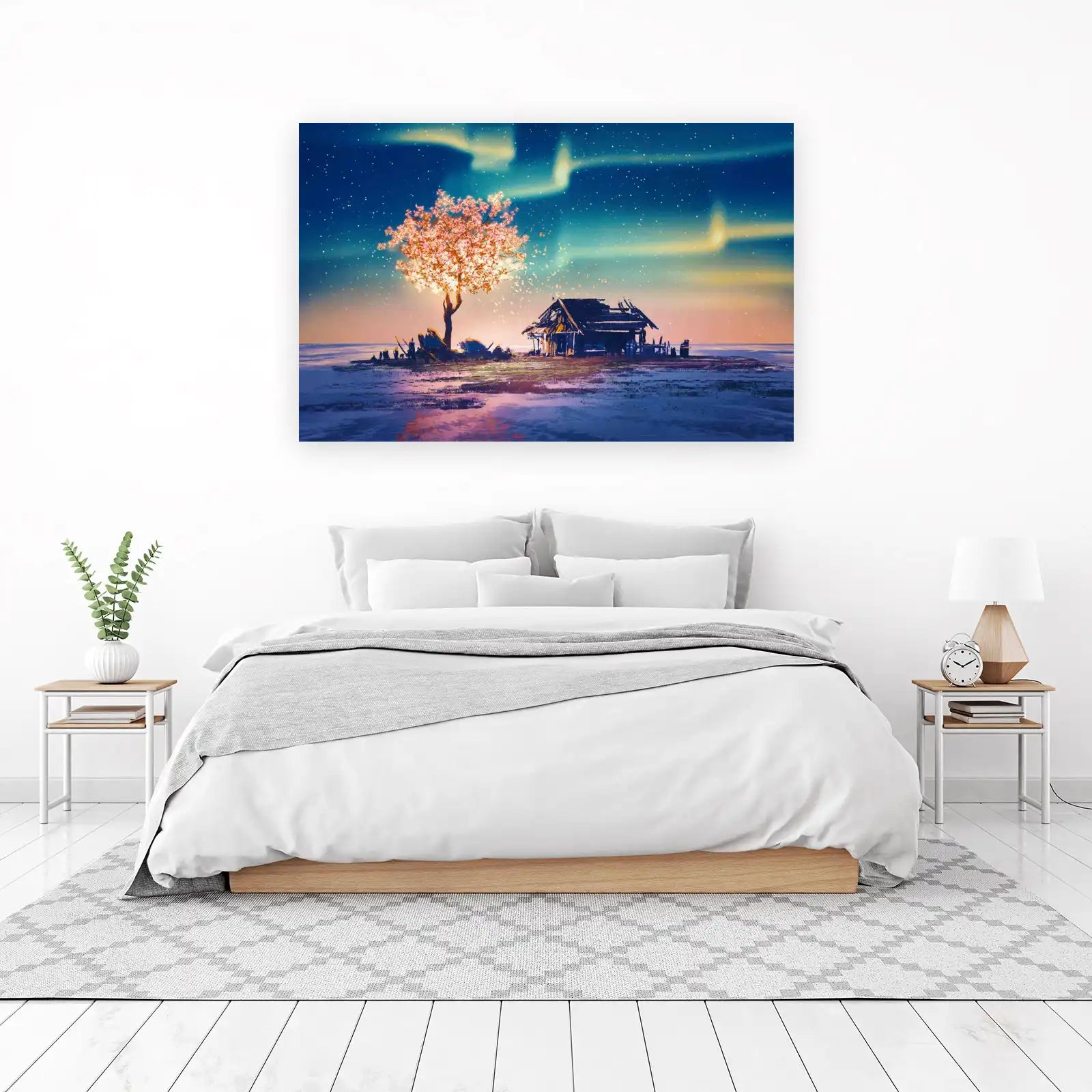 Enchanting Aurora Cabin Landscape Wall Art