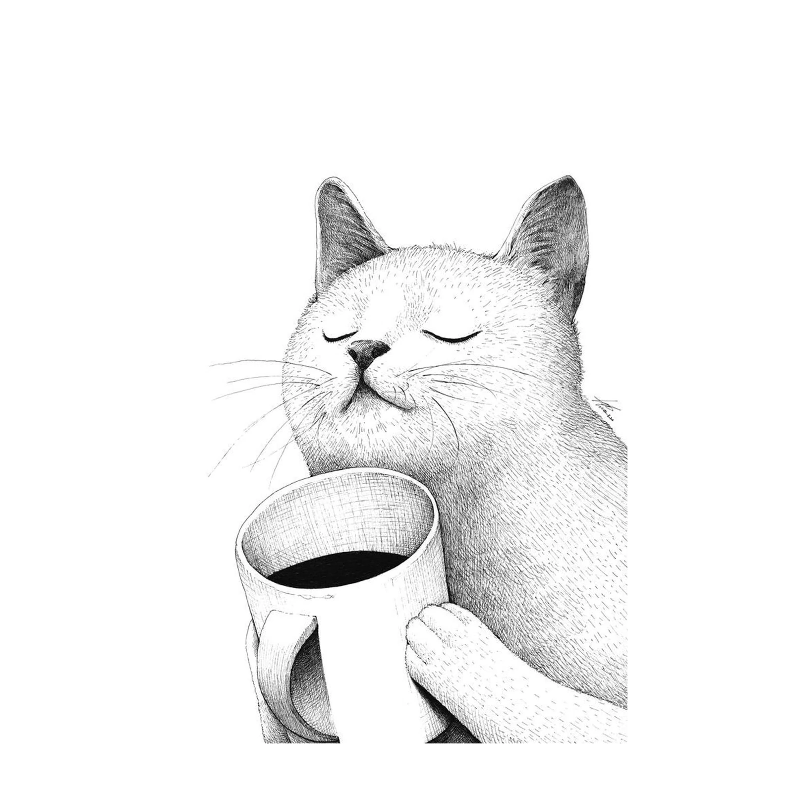 Charming Cat Enjoying Coffee Sketch Wall Art