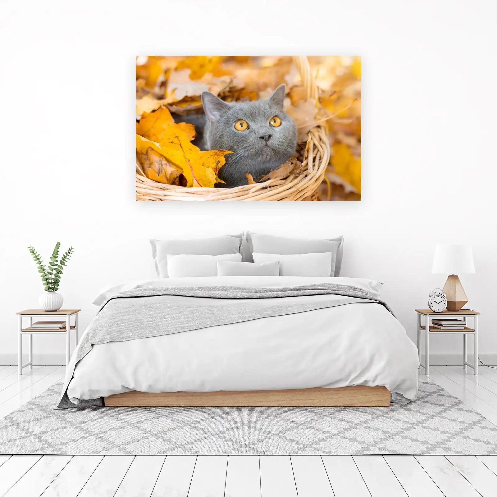 Adorable Gray Cat in Autumn Leaves Wall Art