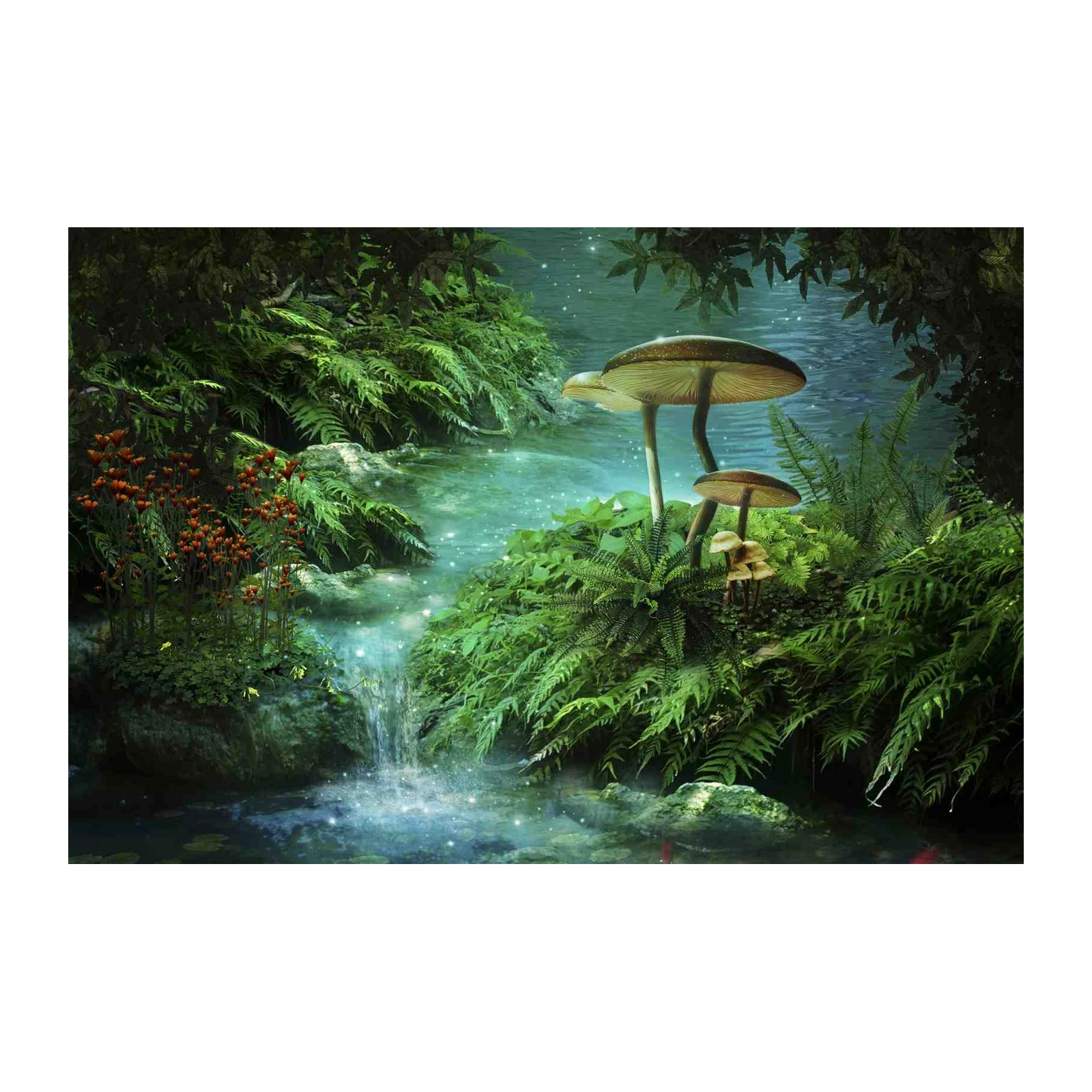 Enchanted Forest Waterfall & Mushrooms Wall Art