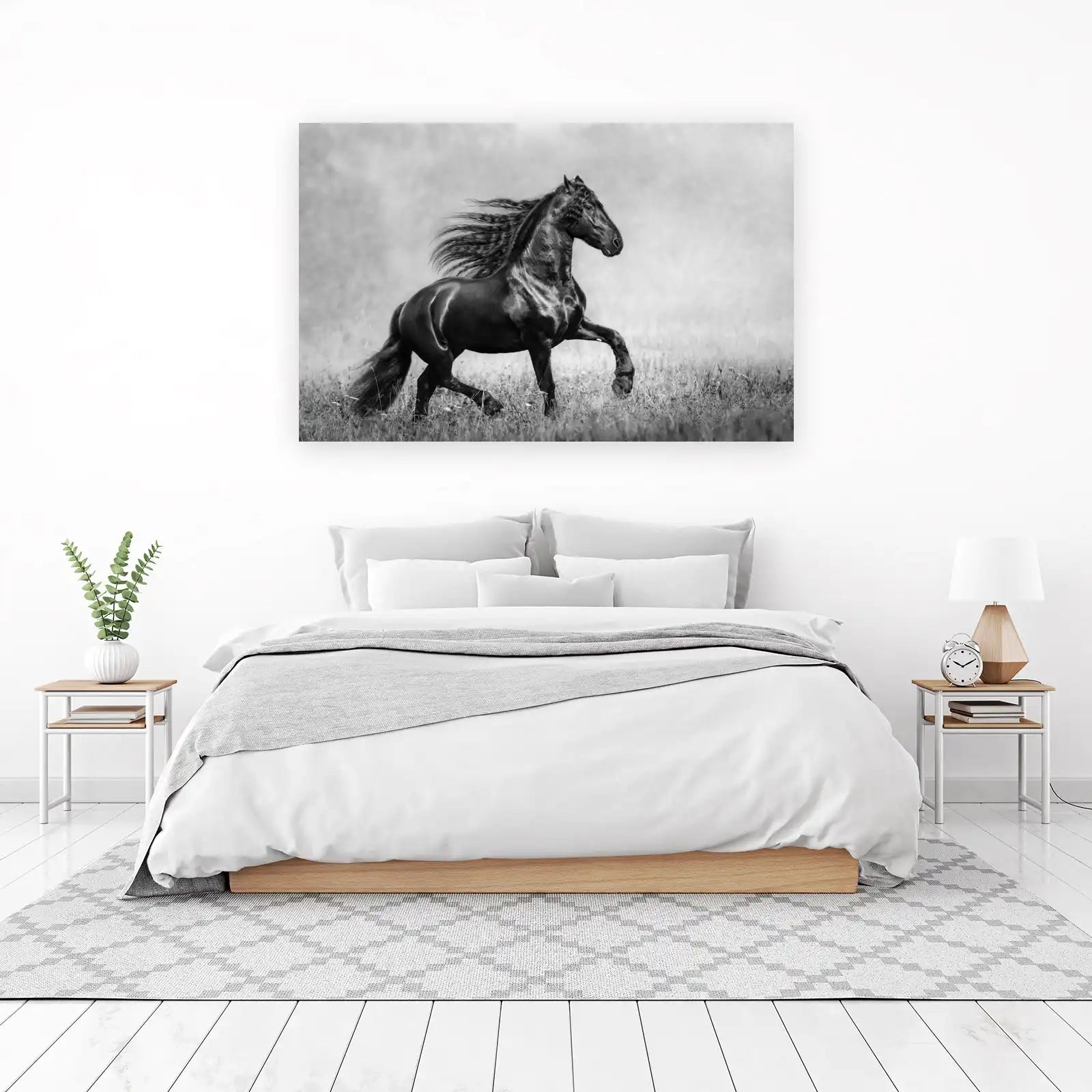 Majestic Black Horse Running Black and White Wall Art