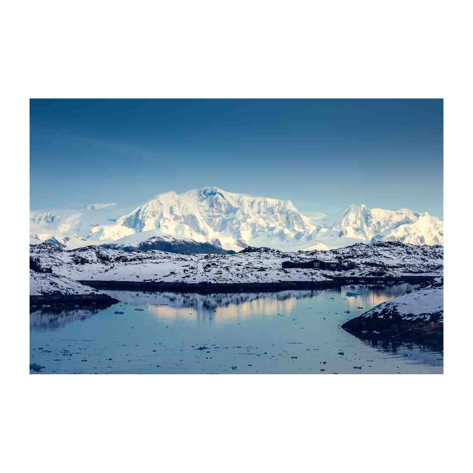 Serene Arctic Peaks & Lakeside Cabin Wall Art