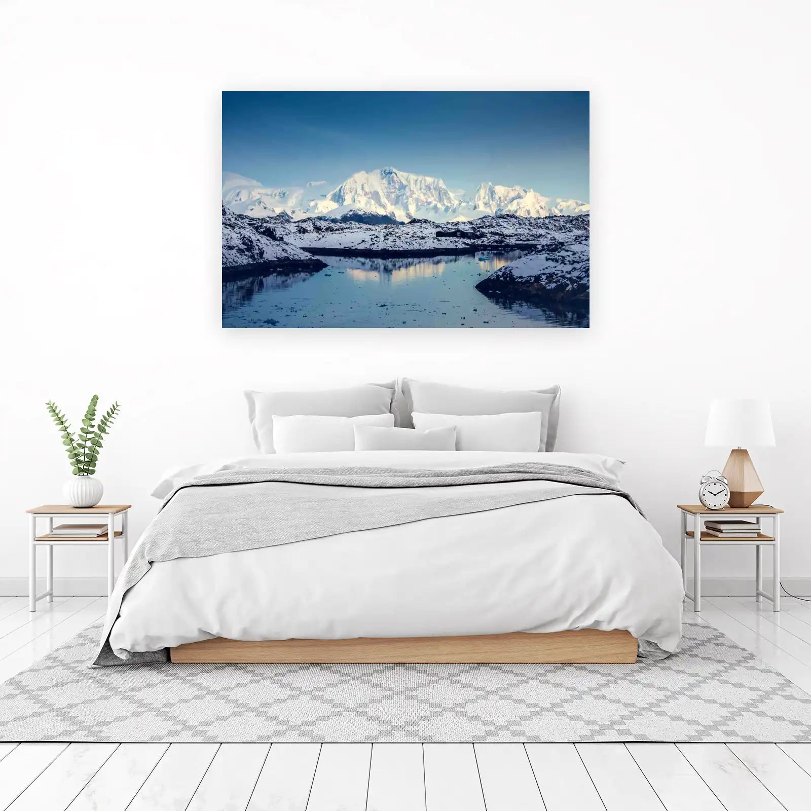 Serene Arctic Peaks & Lakeside Cabin Wall Art