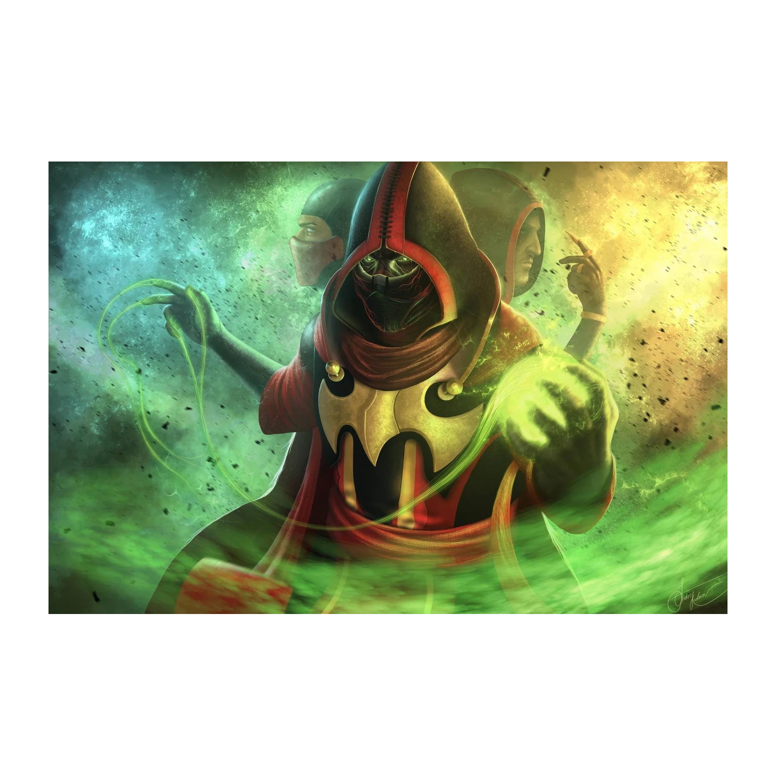 Mysterious Hooded Figure Green Energy Wall Art